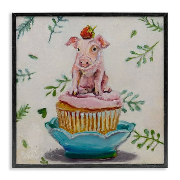 Stupell Industries Charming Teacup Pig on Strawberry Cupcake Dessert Black Framed by Karen Weber Fine Art