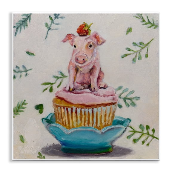 Stupell Industries Charming Teacup Pig on Strawberry Cupcake Dessert Wall Plaque by Karen Weber Fine Art