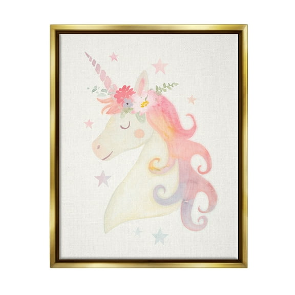 Stupell Industries Charming Unicorn Smiling Flower Crown Stars Design Graphic Art Metallic Gold Floating Framed Canvas Print Wall Art, Design by Victoria Barnes