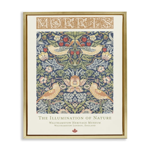 Stupell Industries Charming William Morris Pattern Floral Painting Gold Floater Framed Canvas Art Print Wall Art, 17 x 21
