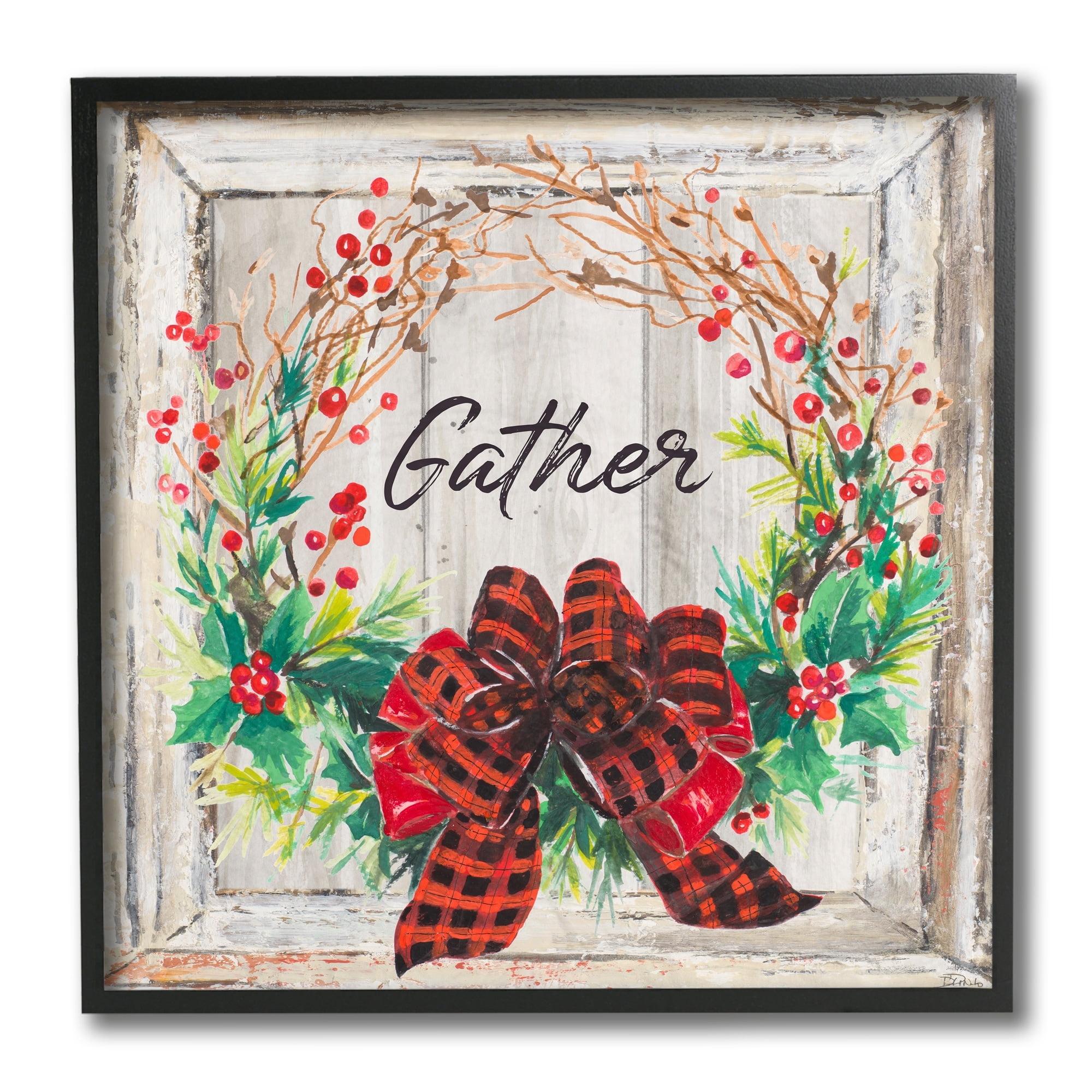 Stupell Industries Charming Winter Gather Phrase Barn Wood Wreath Holiday Painting Black Framed Art Print Wall Art, 12 x 12