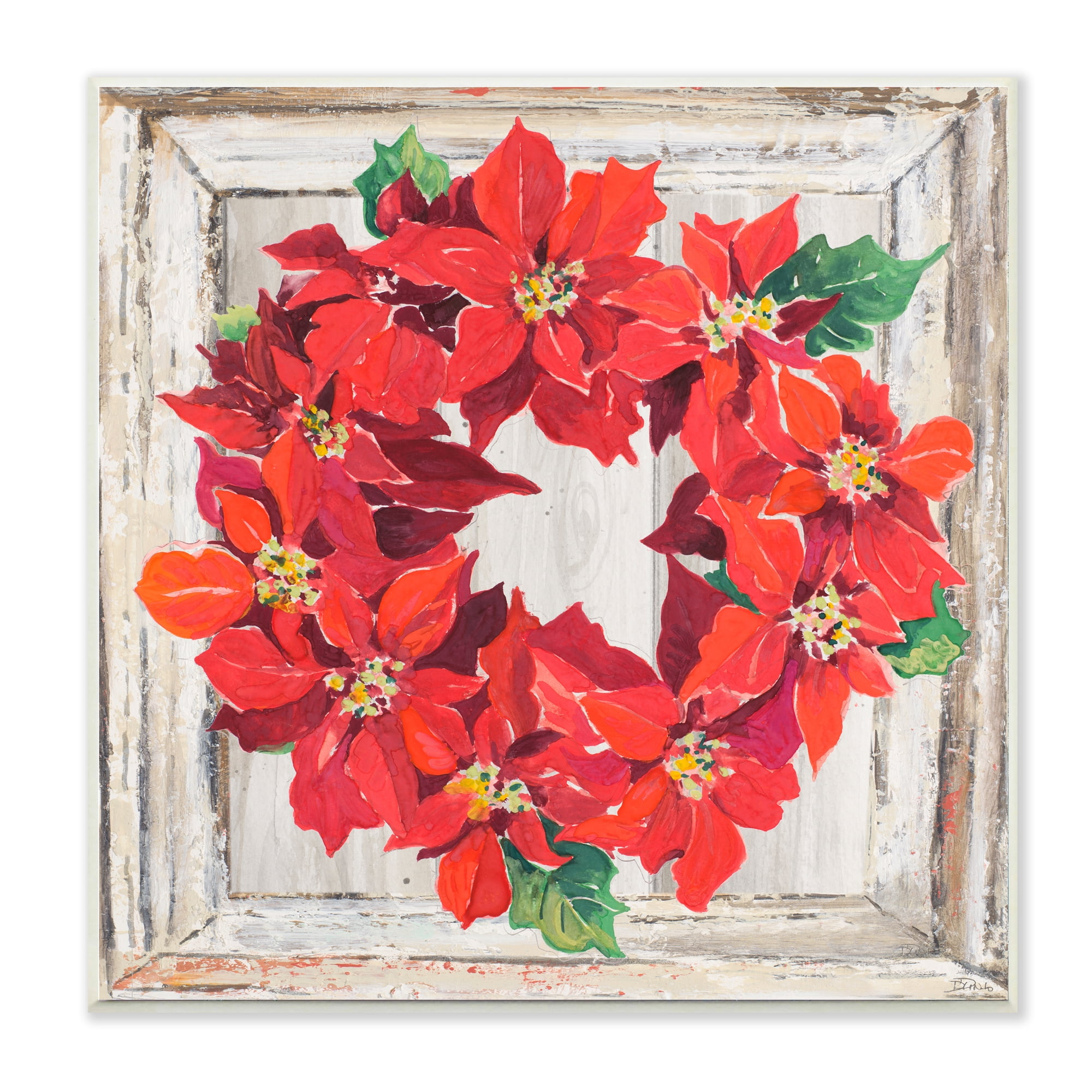 Stupell Industries Charming Winter Poinsettia Wreath Floral Red Botanical & Floral Painting Wall Plaque Art Print Wall Art, 12 x 12