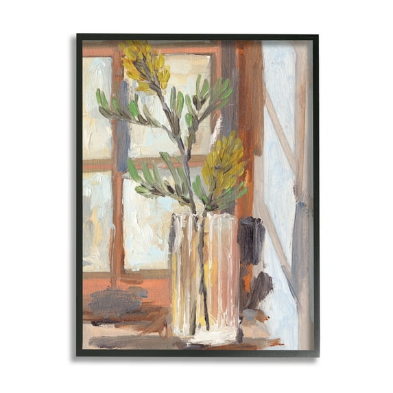 Stupell Industries Charming Yellow Floral Jar Window Sill Flowers Botanical & Floral Painting Black Framed Art Print Wall Art, 16 x 20