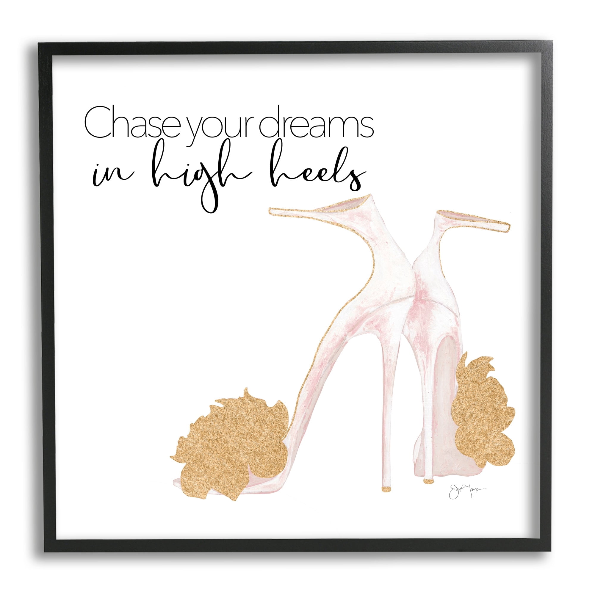 Stupell Industries Chase Your Dreams Inspirational Glam Fashion Heels Shoes Graphic Art Black Framed Art Print Wall Art, Design by Tava Studios