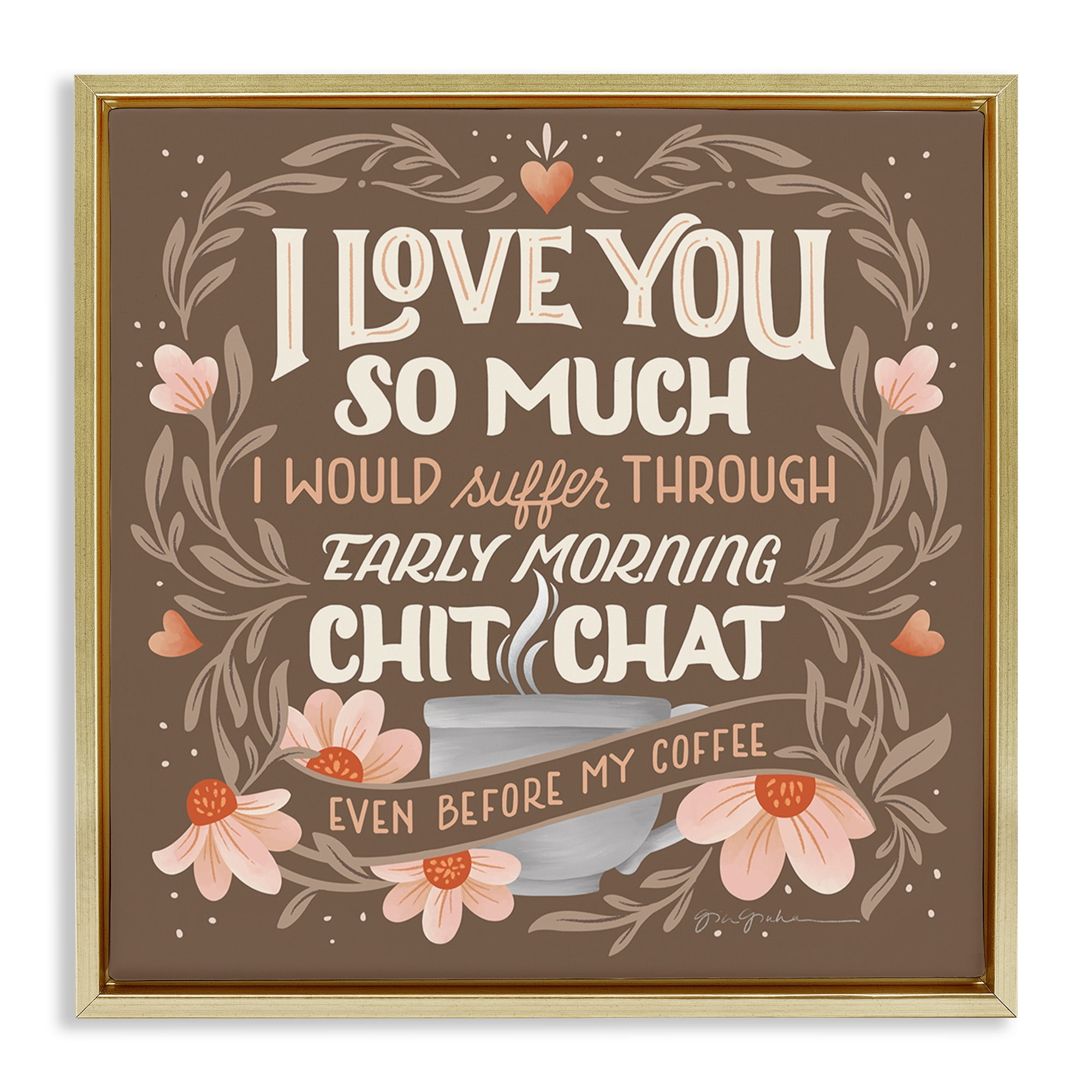 Stupell Industries Chat Before Coffee Humor Food & Beverage Painting Gold Floater Framed Canvas Art Print Wall Art, 18 x 18