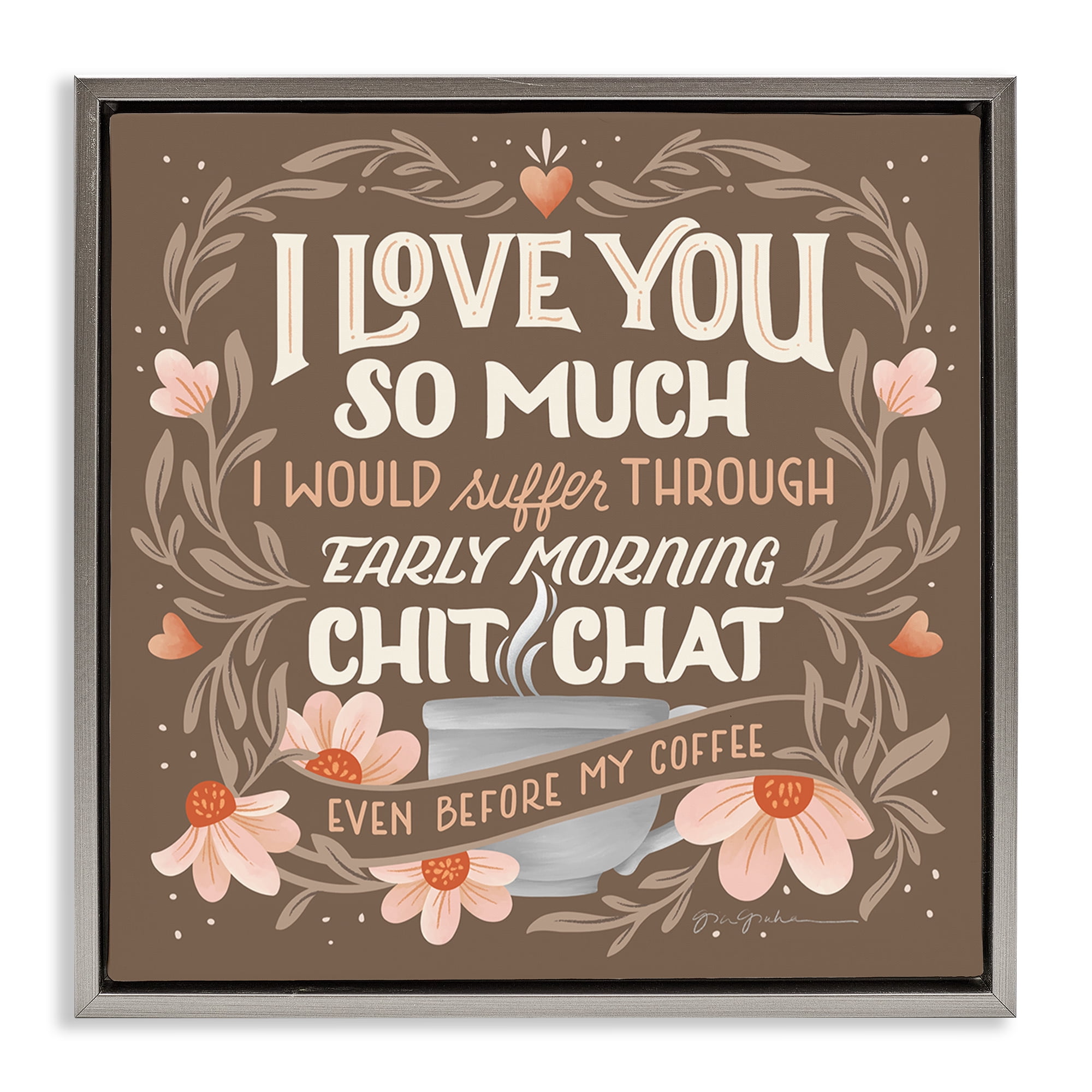 Stupell Industries Chat Before Coffee Humor Food & Beverage Painting Gray Floater Framed Canvas Art Print Wall Art, 18 x 18