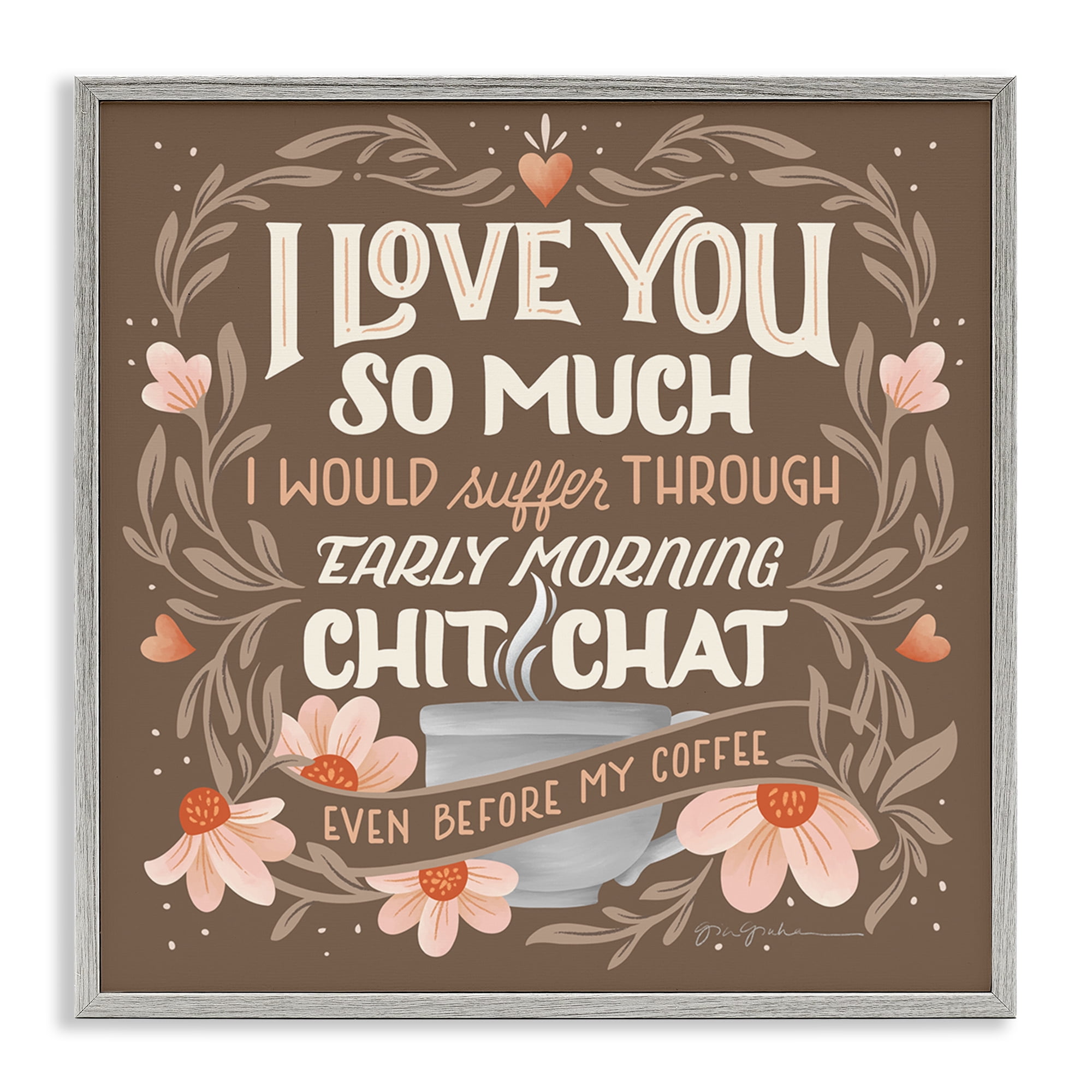 Stupell Industries Chat Before Coffee Humor Food & Beverage Painting Gray Framed Art Print Wall Art, 24 x 24