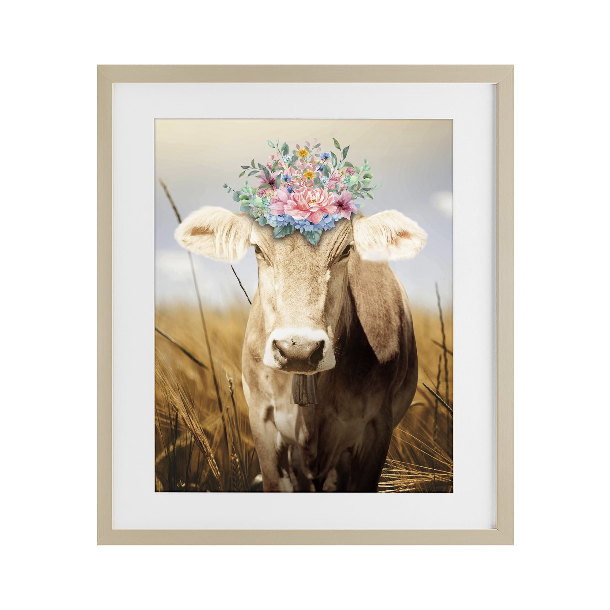 Stupell Industries Chatty Belle Cow with Florals Birch Framed Print Under Glass, design by Marcus Prime