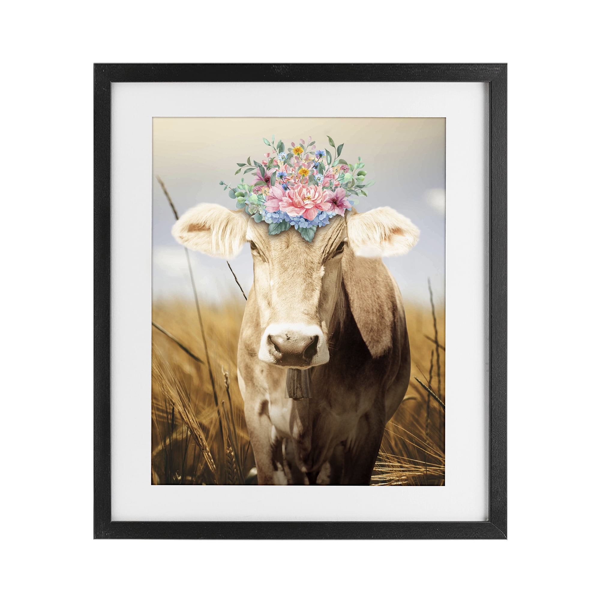 Stupell Industries Chatty Belle Cow with Florals Black Framed Print Under Glass, design by Marcus Prime