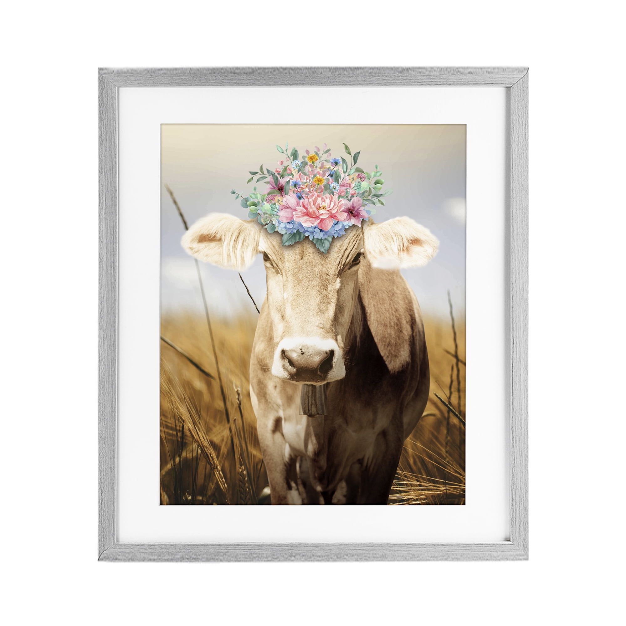 Stupell Industries Chatty Belle Cow with Florals Gray Framed Print Under Glass, design by Marcus Prime
