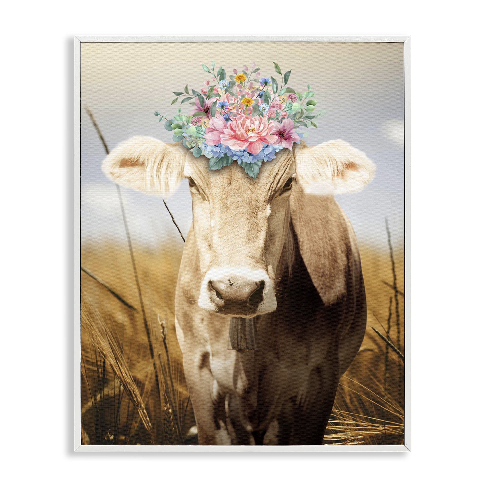 Stupell Industries Chatty Belle Cow with Florals White Framed Giclee Art, design by Marcus Prime