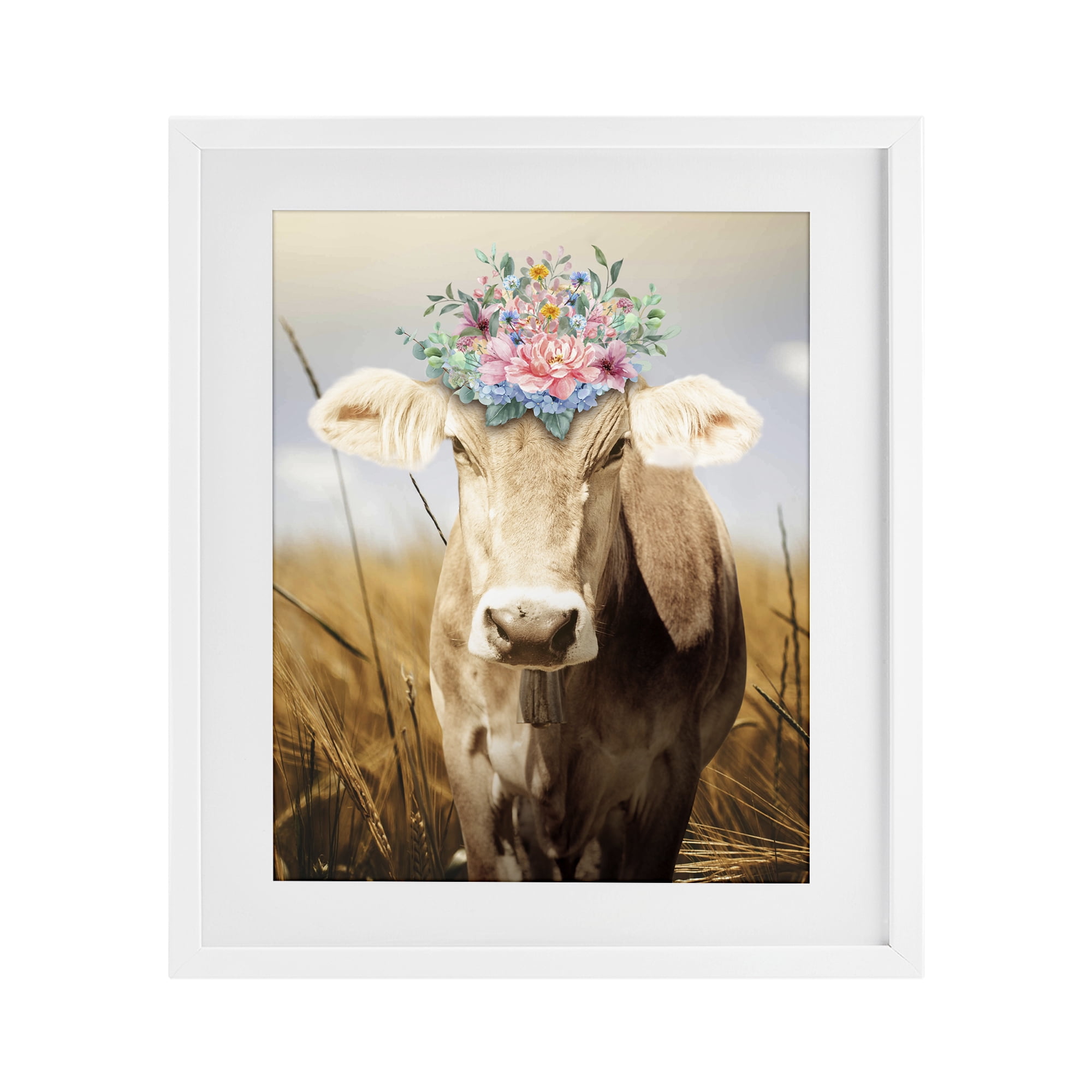 Stupell Industries Chatty Belle Cow with Florals White Framed Print Under Glass, design by Marcus Prime