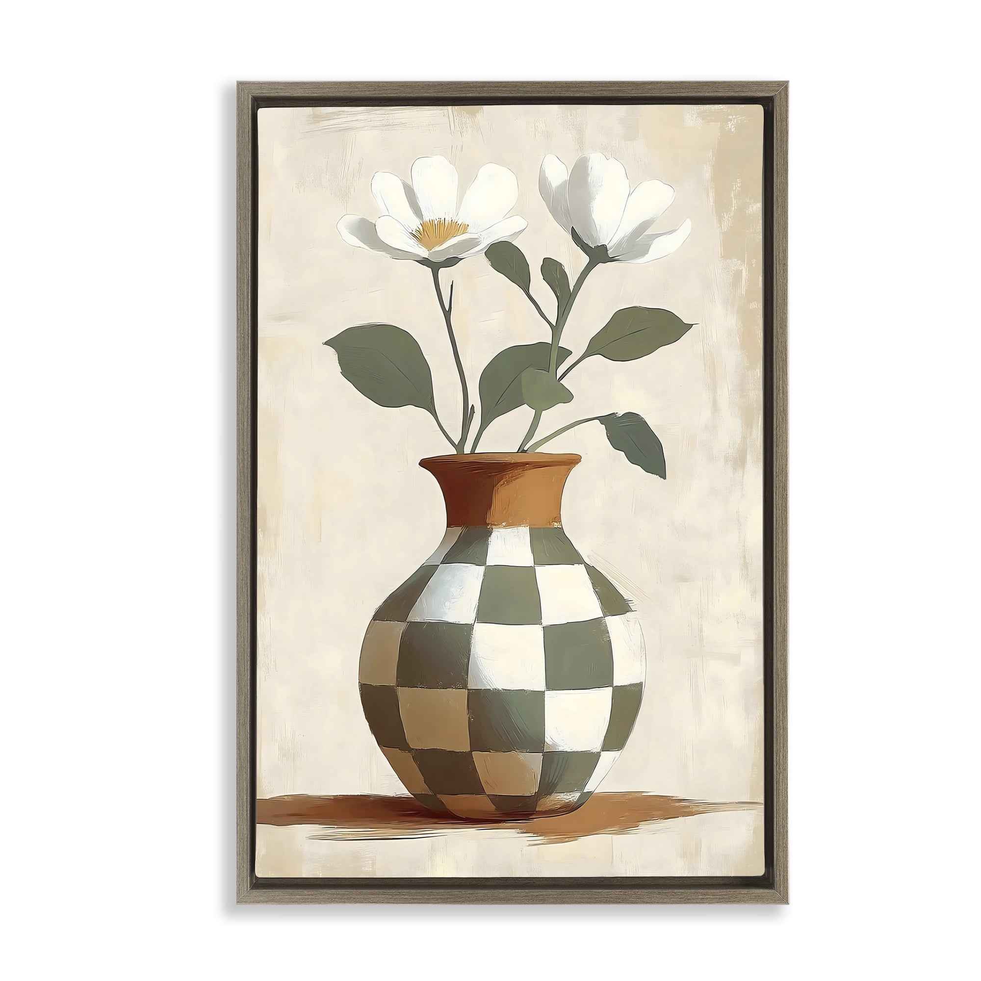 Stupell Industries Checkboard Green Flower Vase Brown Framed Floater Canvas Wall Art, design by Creative Studio