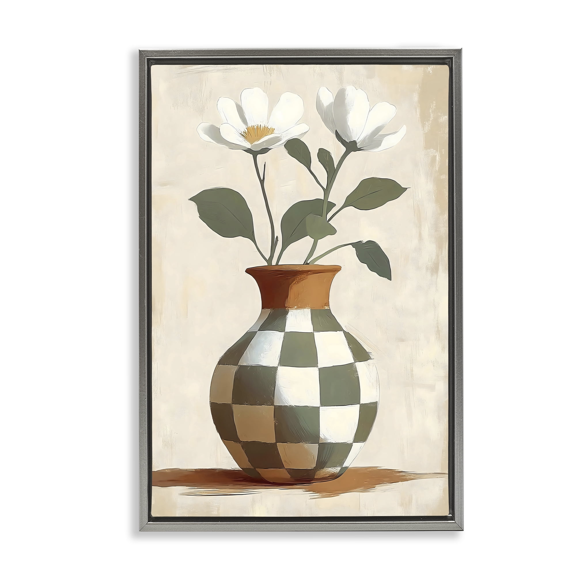 Stupell Industries Checkboard Green Flower Vase Gray Framed Floater Canvas Wall Art, design by Creative Studio