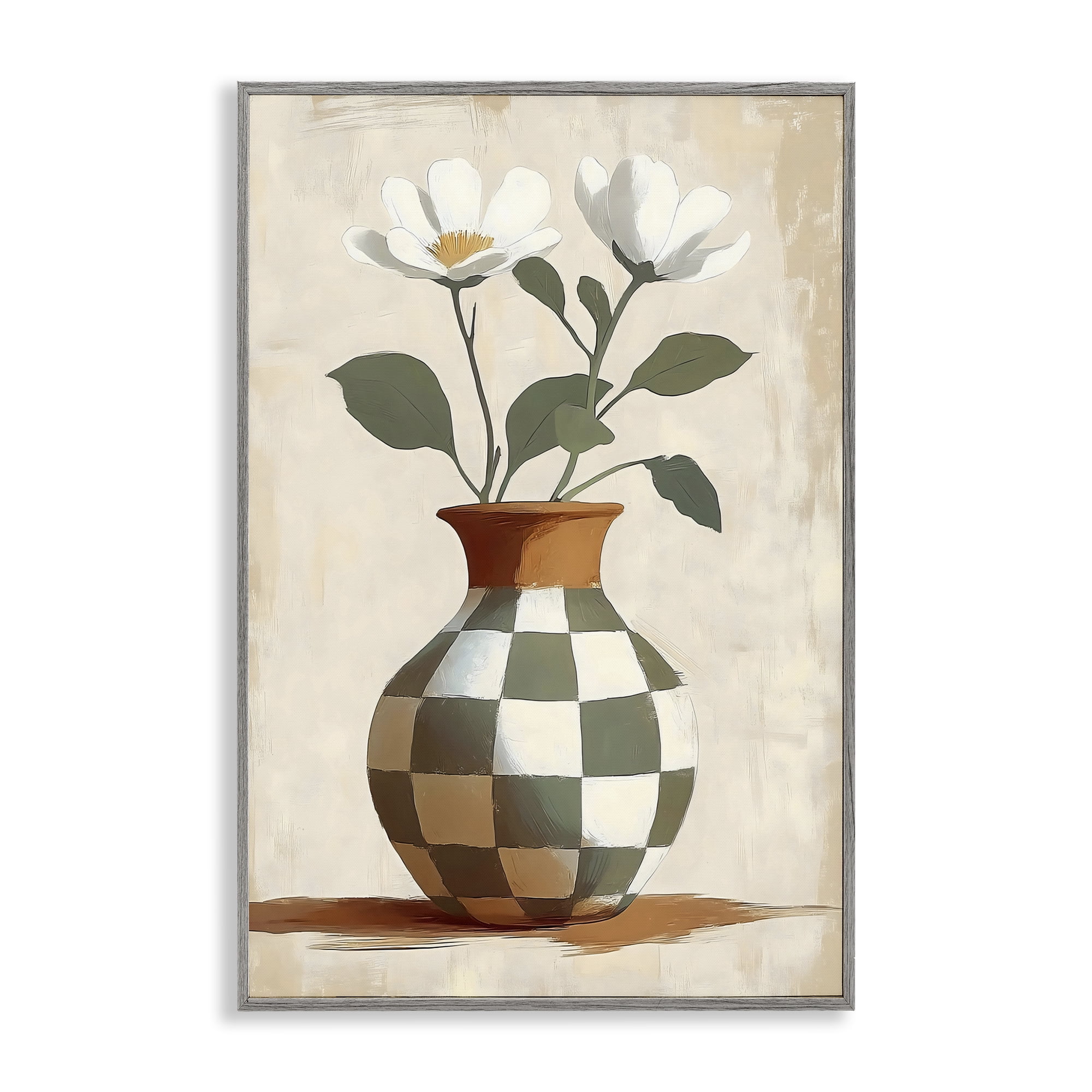 Stupell Industries Checkboard Green Flower Vase Gray Framed Giclee Art, design by Creative Studio