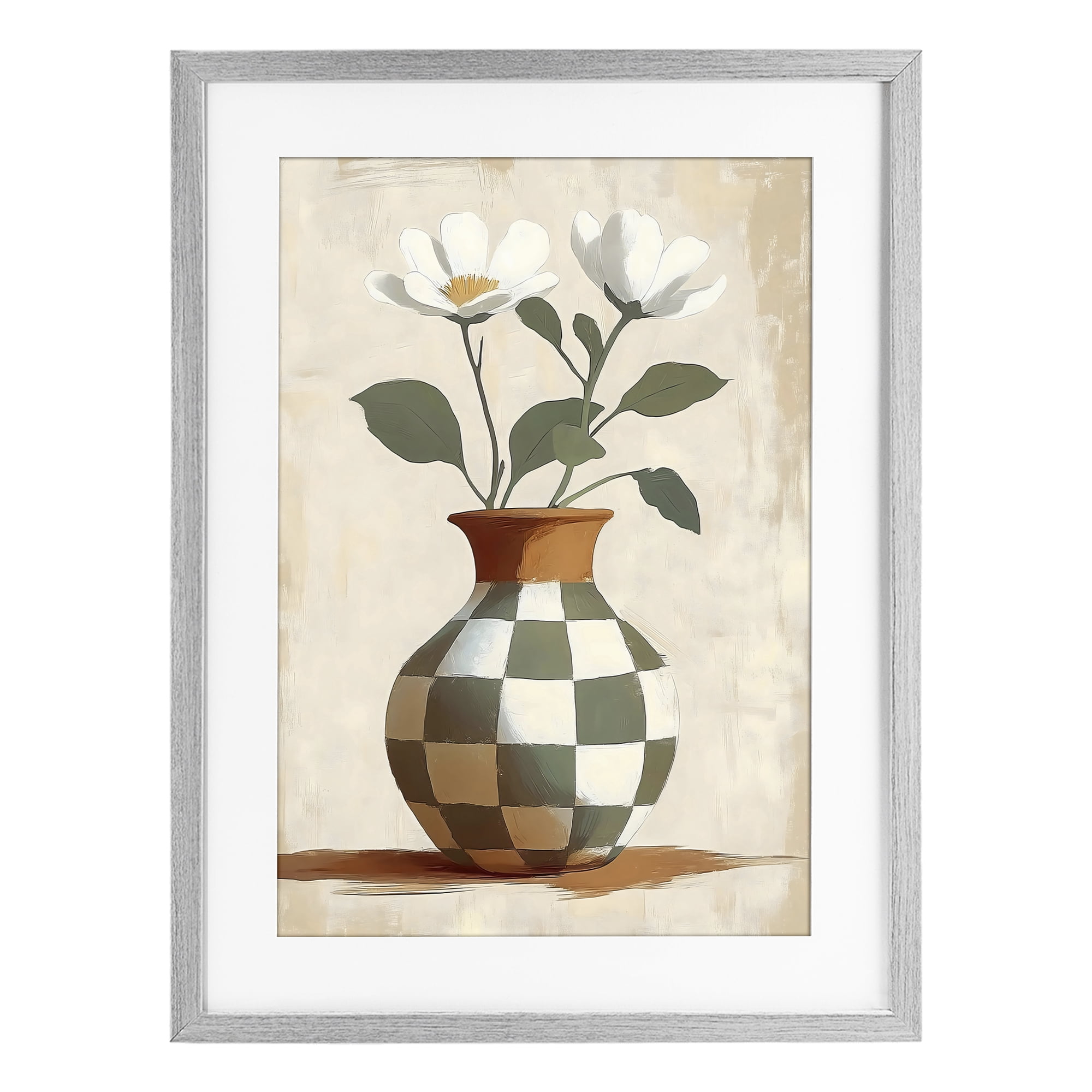 Stupell Industries Checkboard Green Flower Vase Gray Framed Print Under Glass, design by Creative Studio