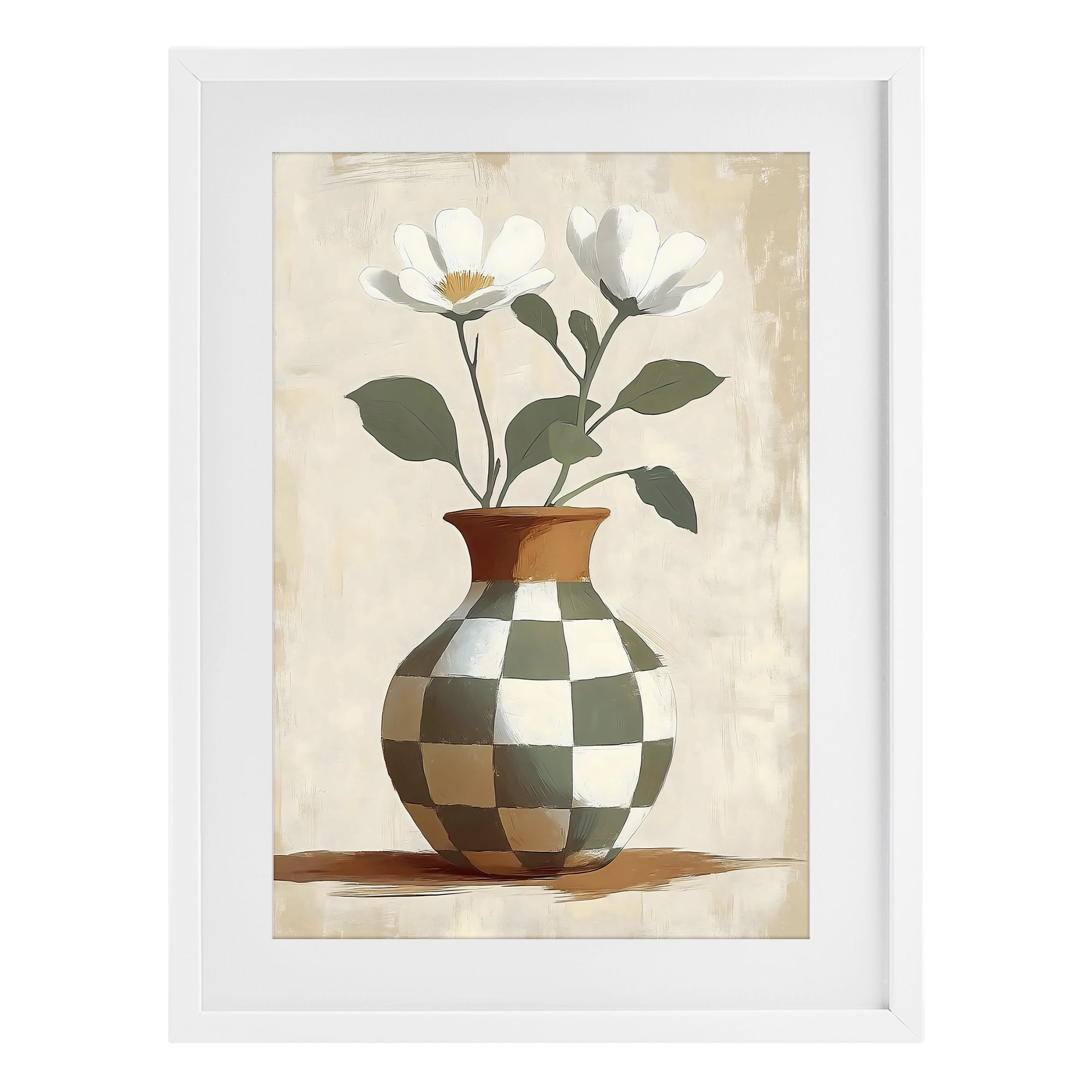 Stupell Industries Checkboard Green Flower Vase White Framed Print Under Glass, design by Creative Studio