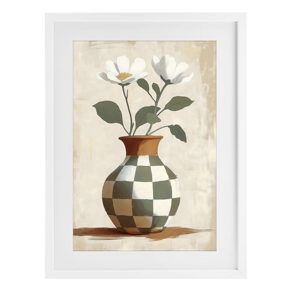 Stupell Industries Southwestern Checkboard Green Flower Vase White Framed Print Under Glass, 17 x 23, by Creative Studio