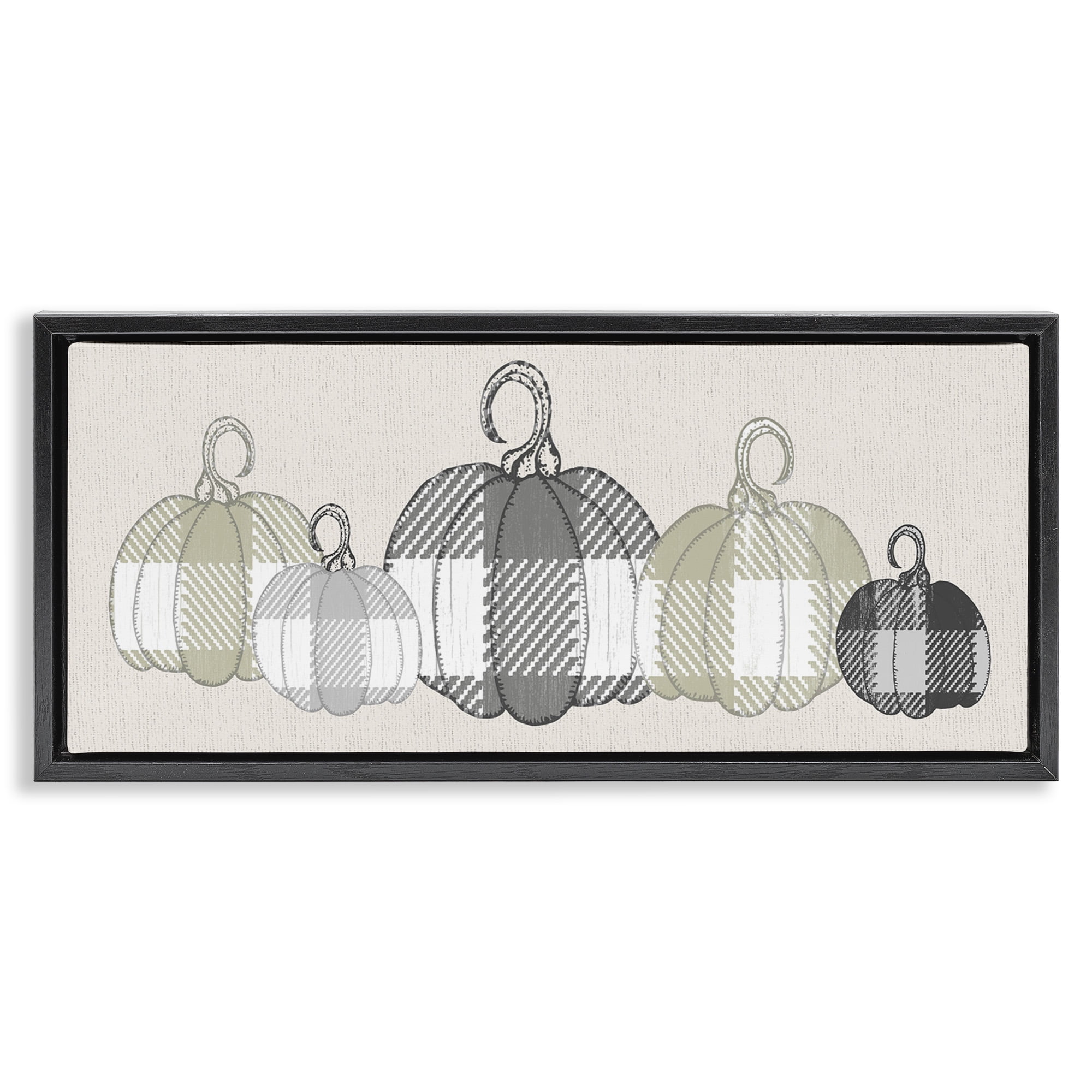 Stupell Industries Checker Plaid Patterned Pumpkins Landscape Painting Black Floater Framed Canvas Art Print Wall Art, 31 x 14