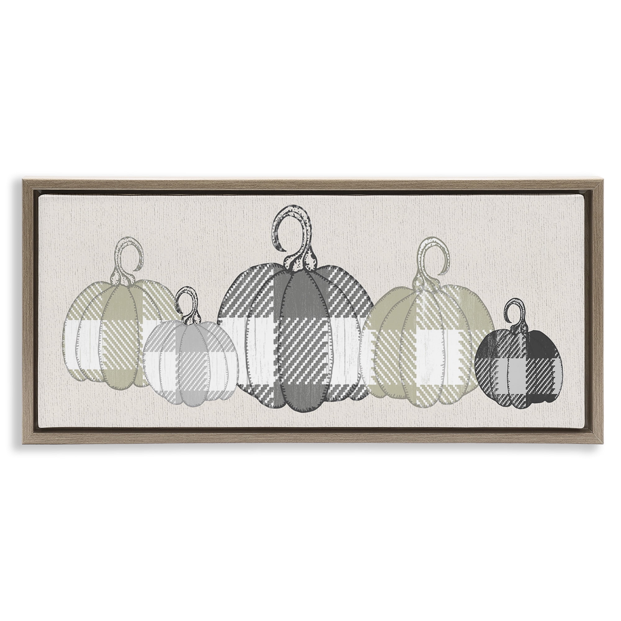 Stupell Industries Checker Plaid Patterned Pumpkins Landscape Painting Brown Floater Framed Canvas Art Print Wall Art, 31 x 14