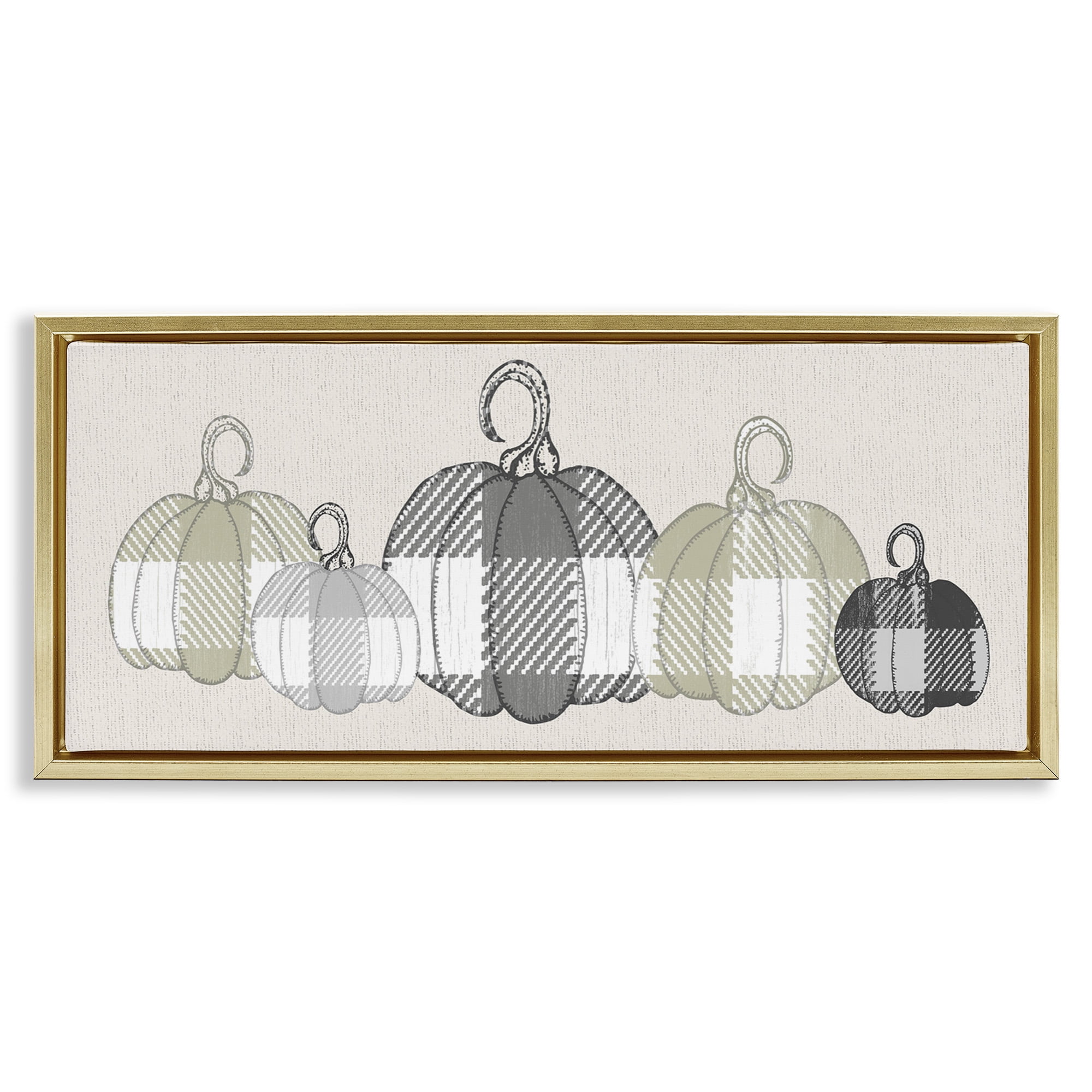 Stupell Industries Checker Plaid Patterned Pumpkins Landscape Painting Gold Floater Framed Canvas Art Print Wall Art, 31 x 14