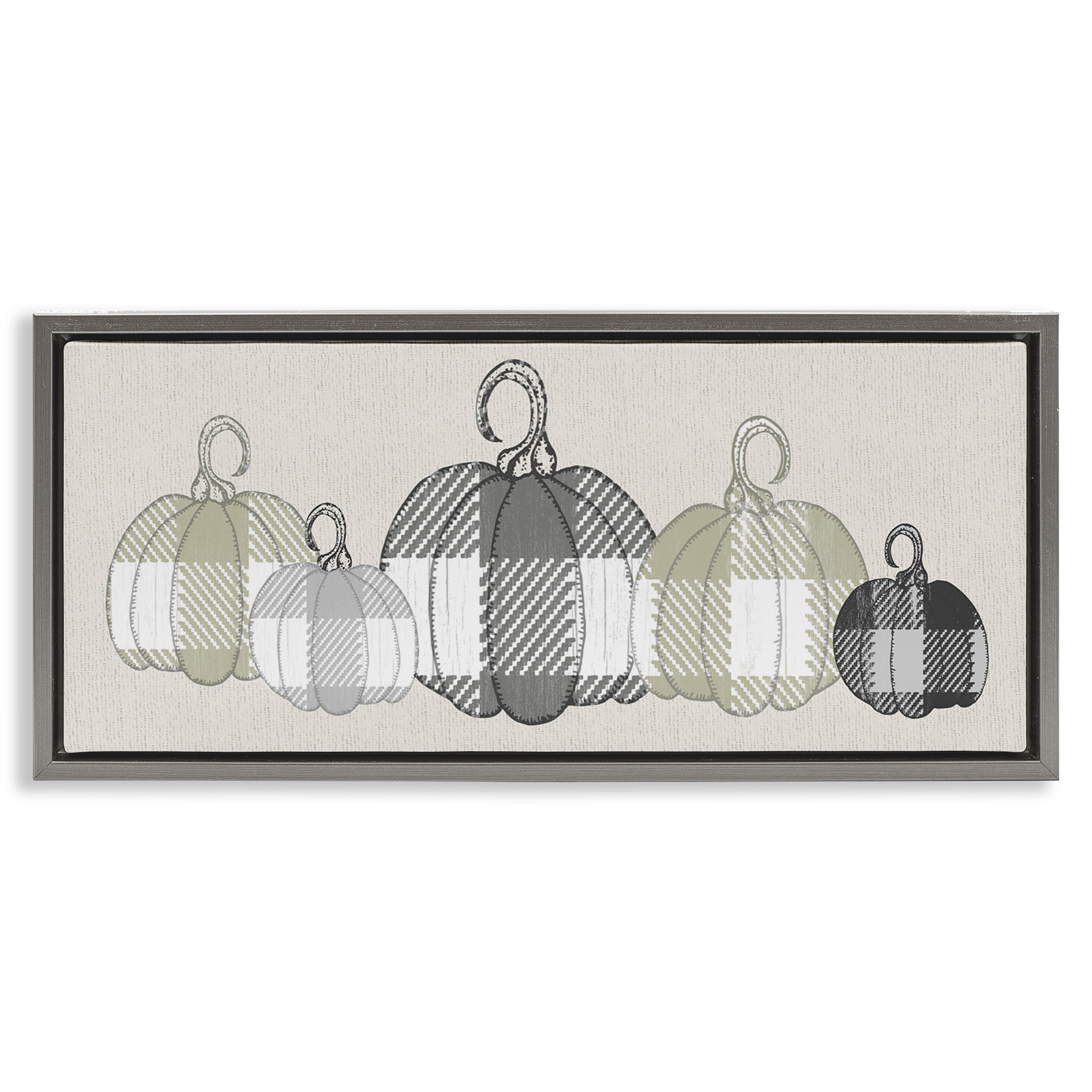Stupell Industries Checker Plaid Patterned Pumpkins Landscape Painting Gray Floater Framed Canvas Art Print Wall Art, 25 x 11