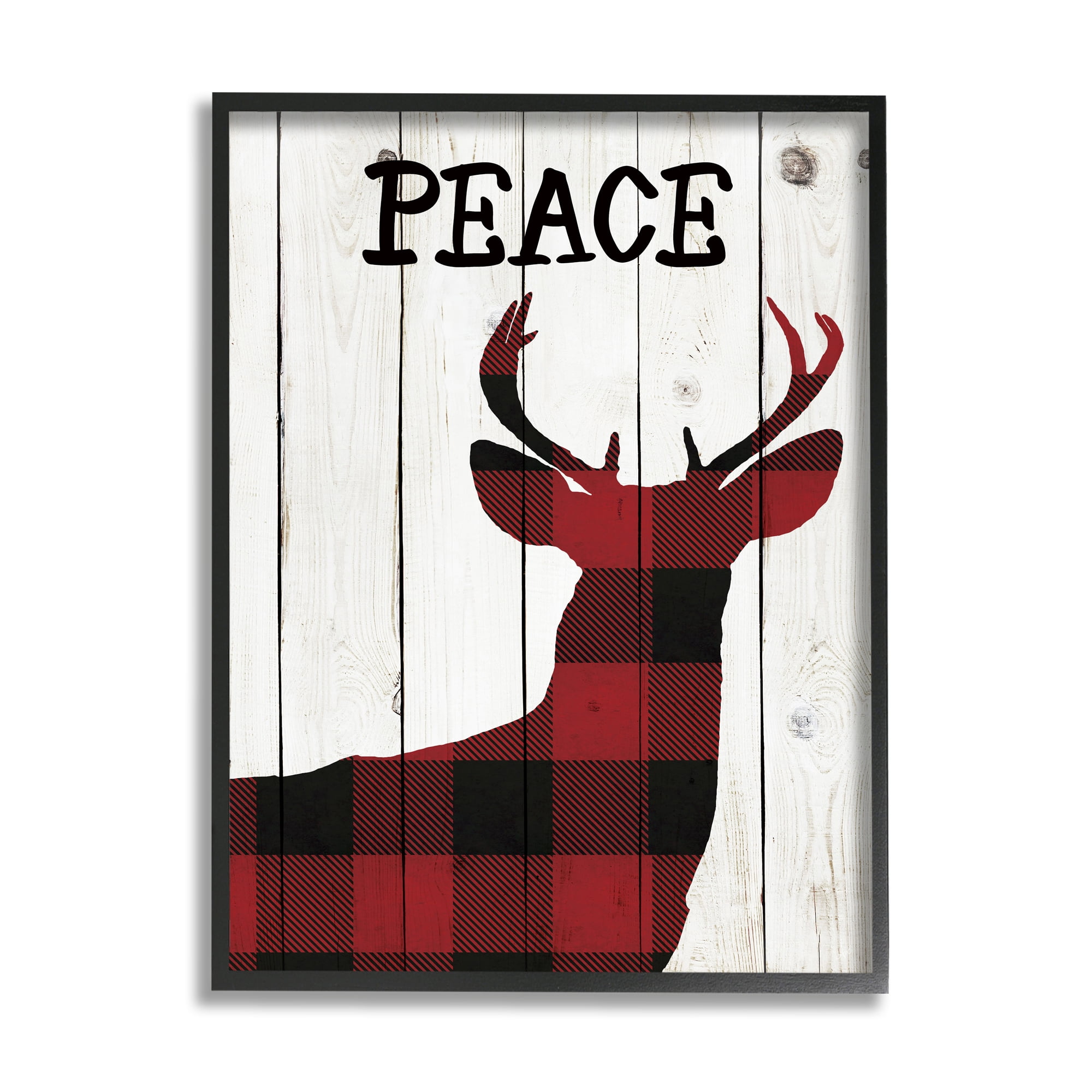 Stupell Industries Checker Plaid Reindeer Rustic Peace Text Holiday Painting Black Framed Art Print Wall Art, 16 x 20