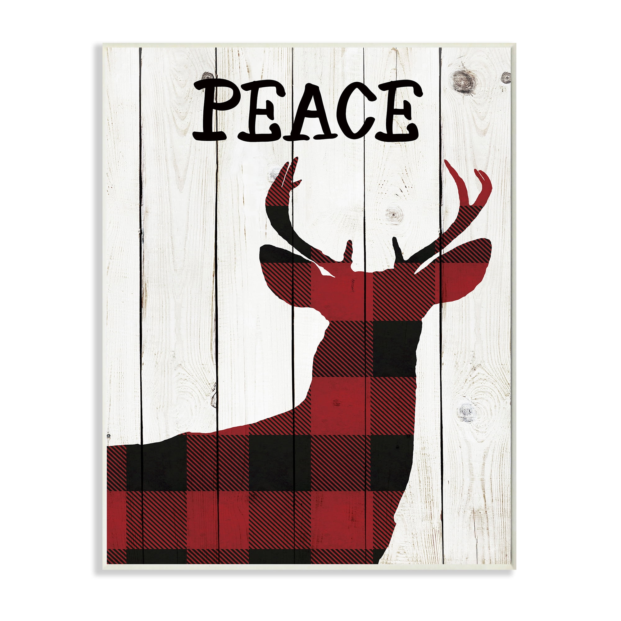 Stupell Industries Checker Plaid Reindeer Rustic Peace Text Holiday Painting Wall Plaque Art Print Wall Art, 10 x 15