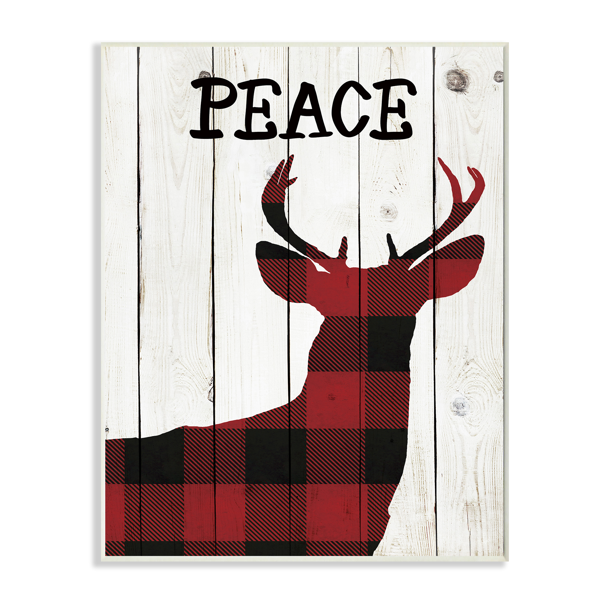 Stupell Industries Checker Plaid Reindeer Rustic Peace Text Holiday Painting Wall Plaque Art Print Wall Art, 13 x 19