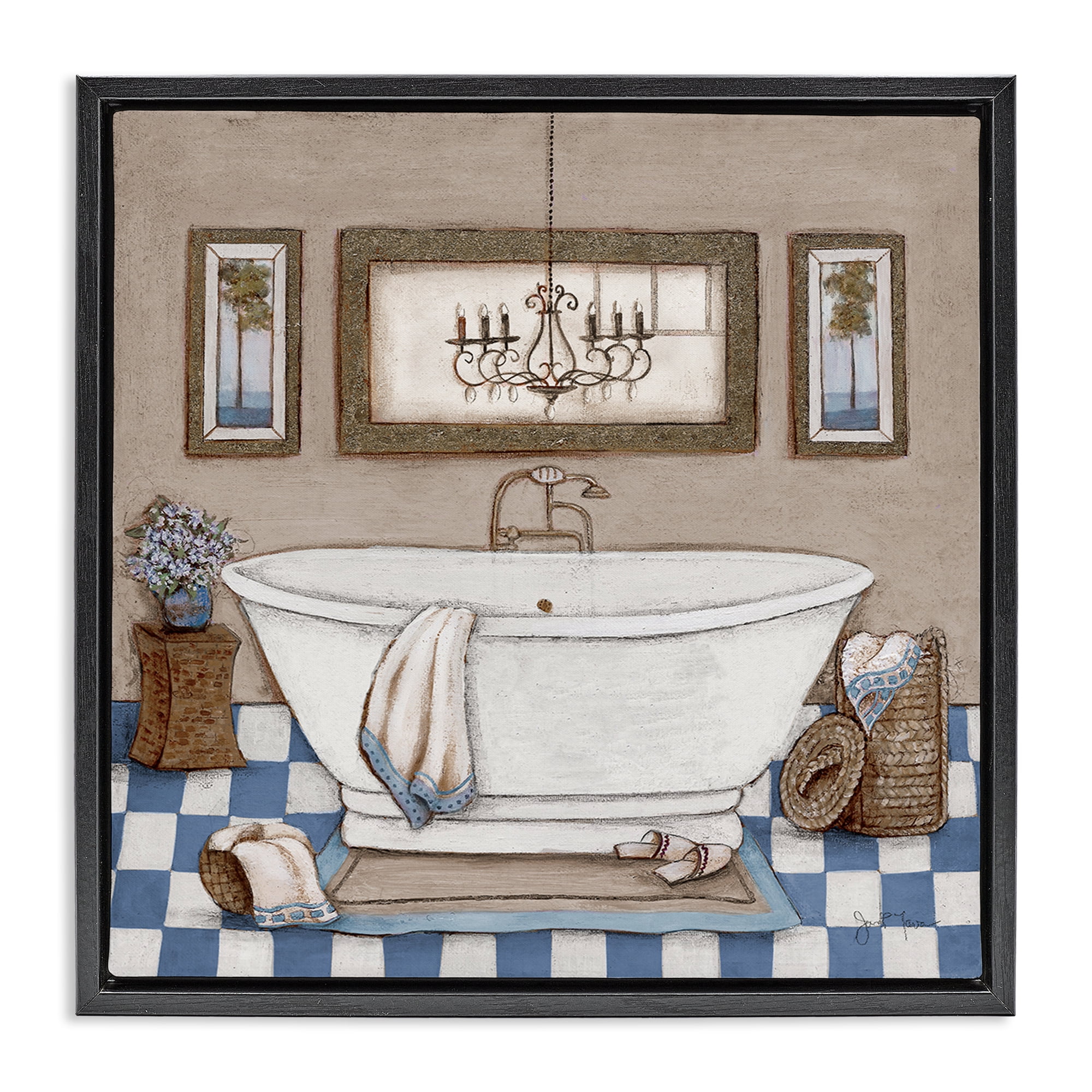 Stupell Industries Checkered Bathroom & Chandelier Black Framed Floater Canvas Wall Art, design by Janet Tava