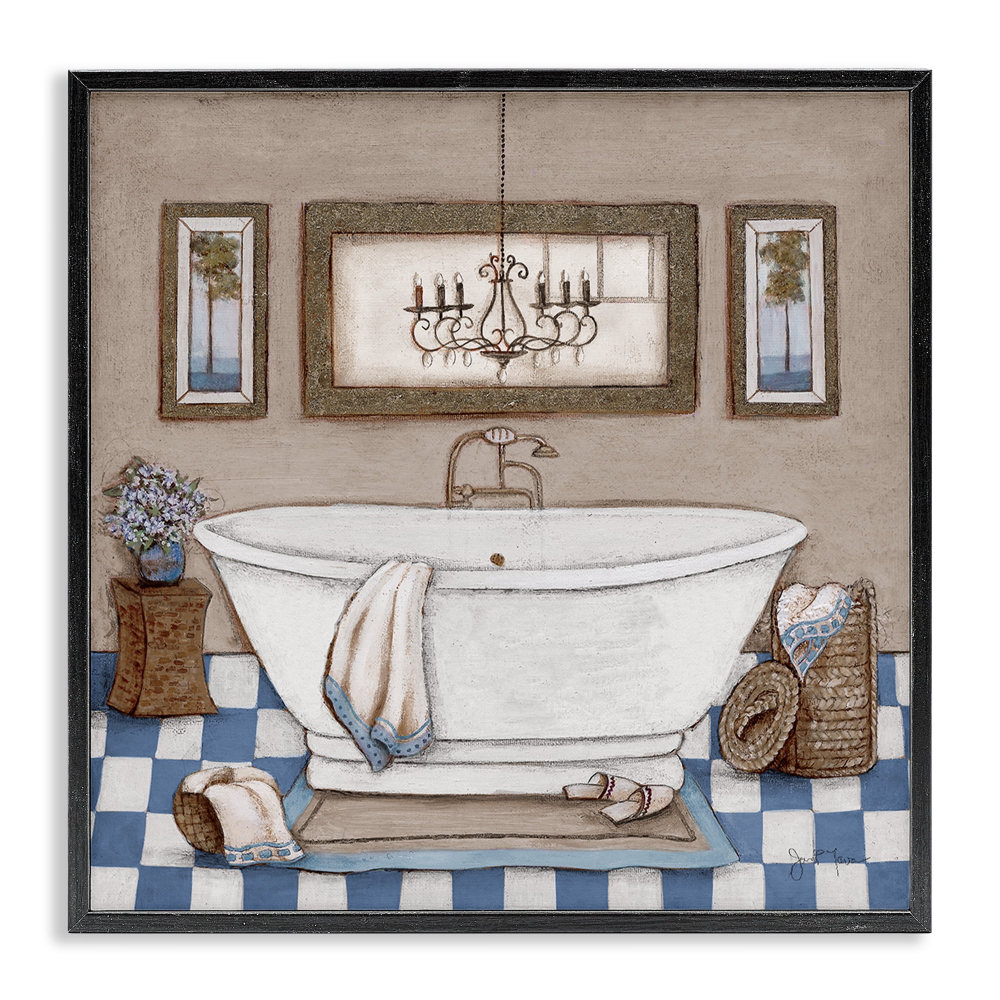 Stupell Industries Checkered Bathroom & Chandelier Black Framed Giclee Art, design by Janet Tava