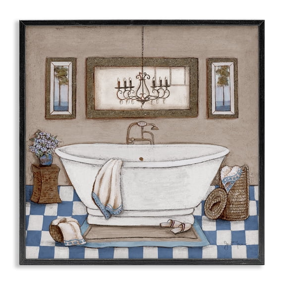 Stupell Industries Traditional Checkered Bathroom & Chandelier Black Framed Giclee Art, 12 x 12, by Janet Tava