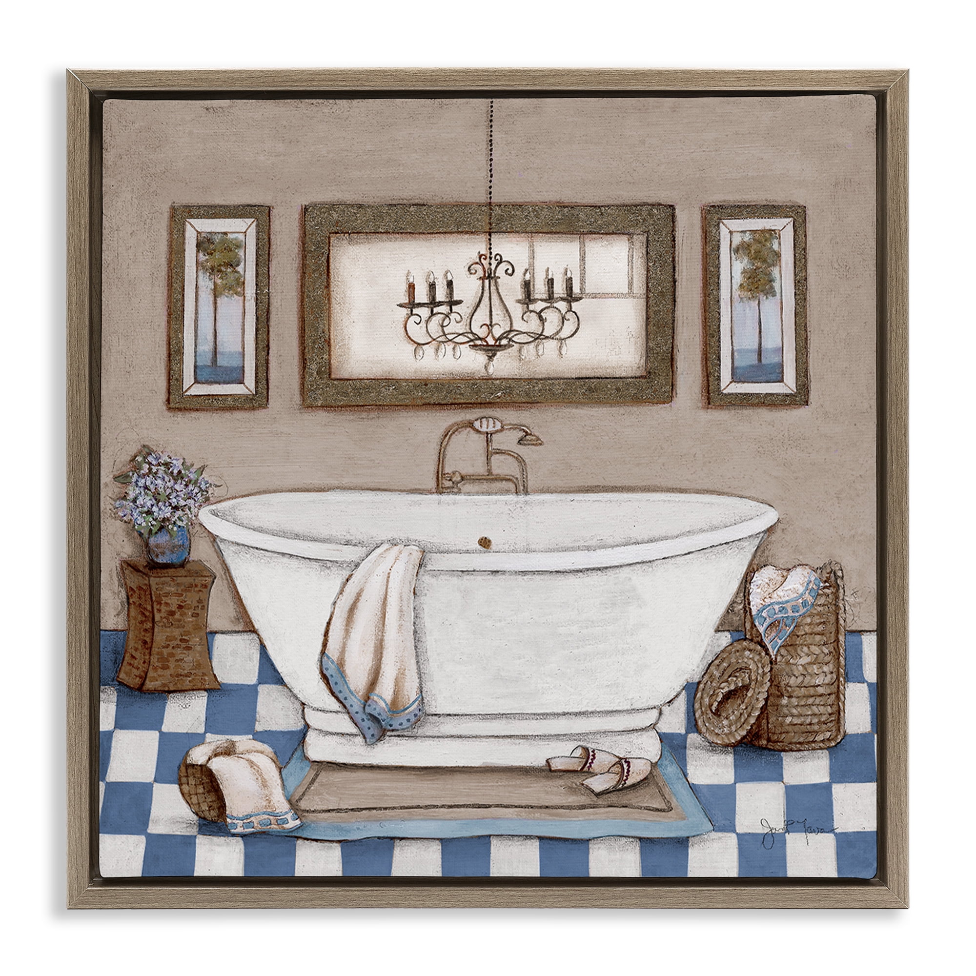 Stupell Industries Checkered Bathroom & Chandelier Brown Framed Floater Canvas Wall Art, design by Janet Tava