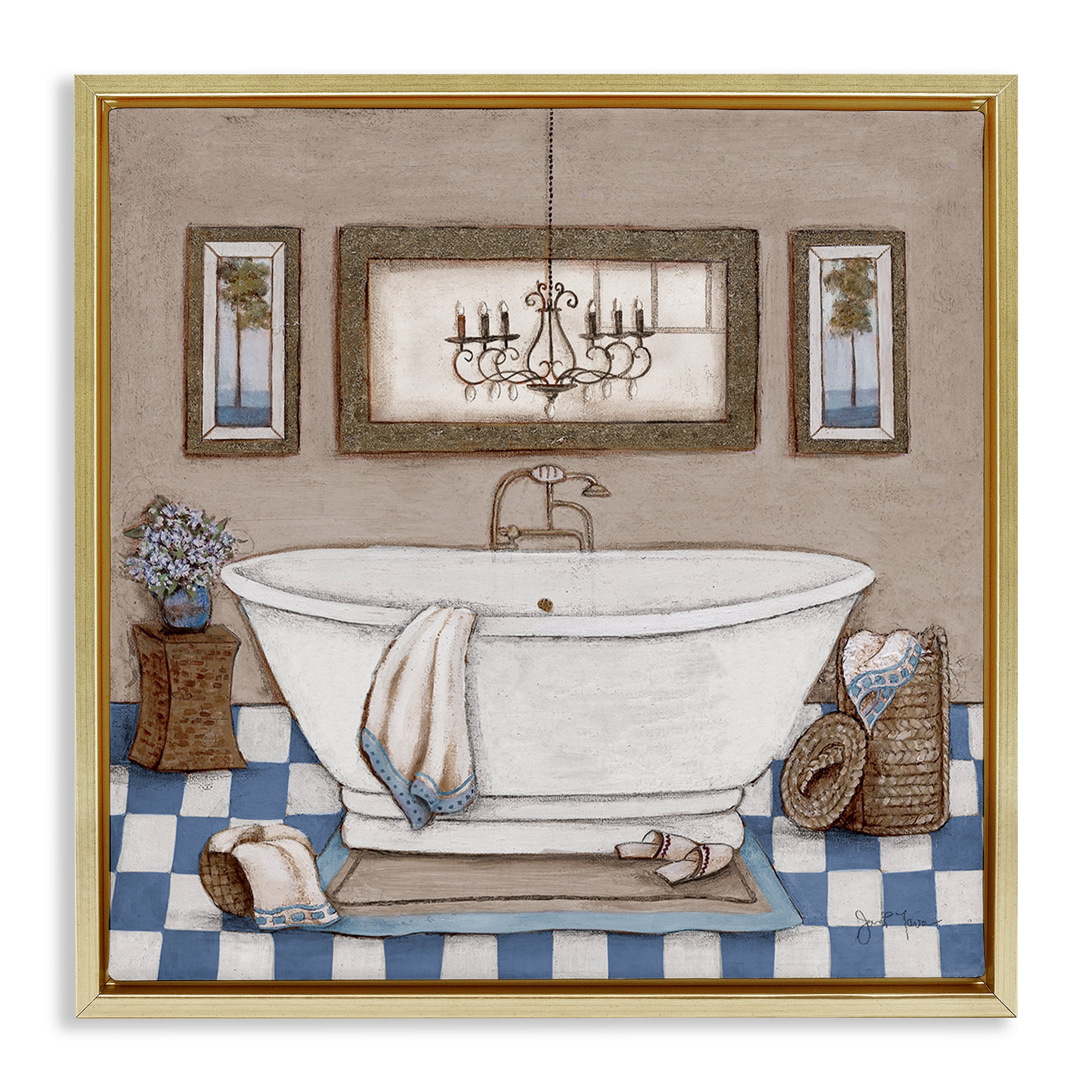 Stupell Industries Checkered Bathroom & Chandelier Gold Framed Floater Canvas Wall Art, design by Janet Tava