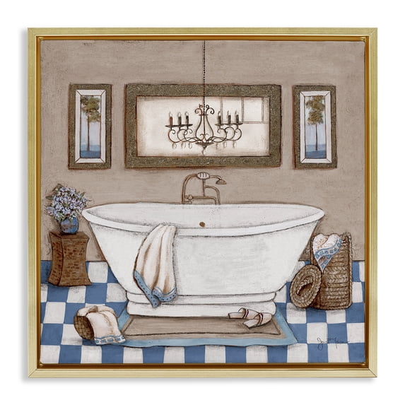 Stupell Industries Traditional Checkered Bathroom & Chandelier Gold Floating Frame Canvas Art, 25 x 25, by Janet Tava