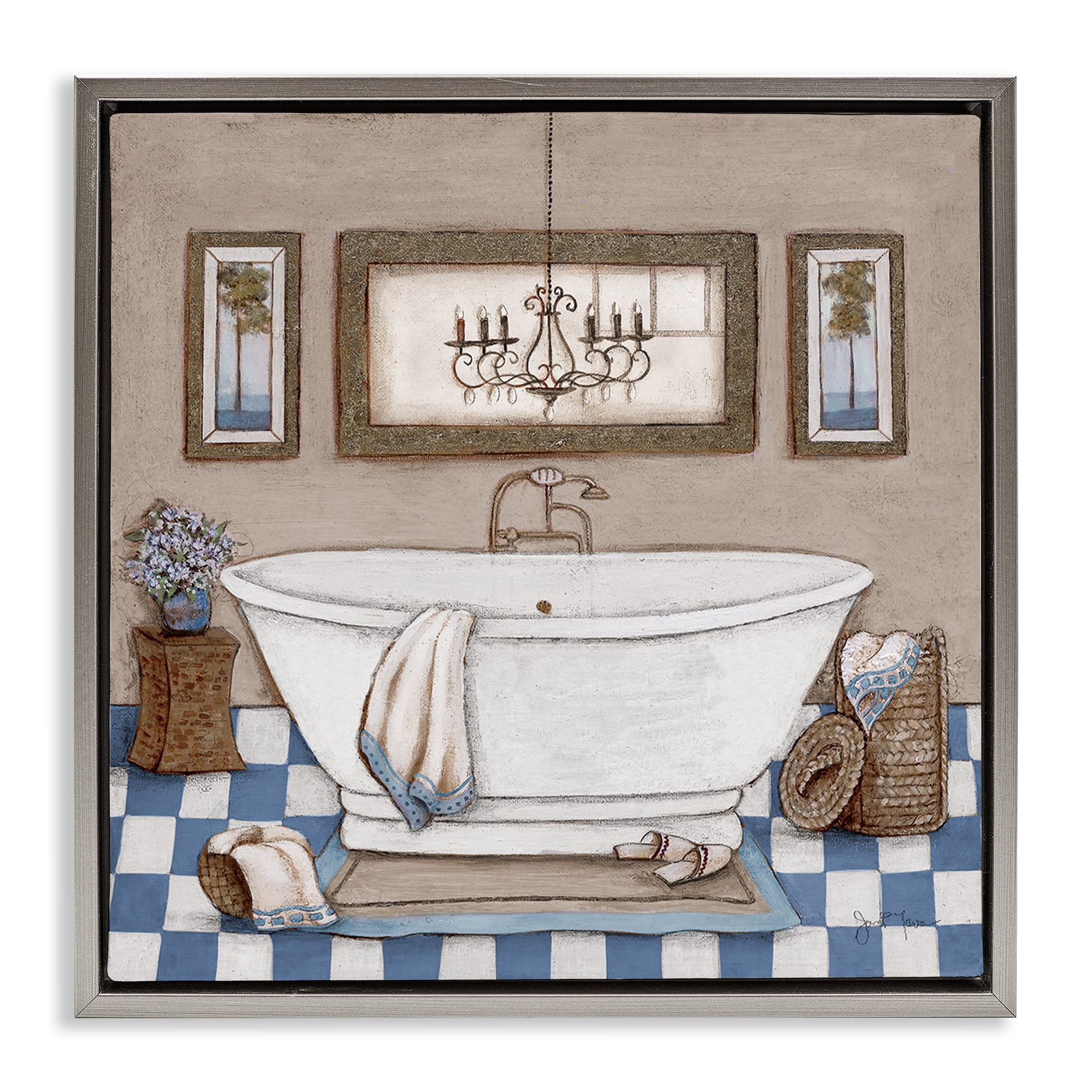 Stupell Industries Checkered Bathroom & Chandelier Gray Framed Floater Canvas Wall Art, design by Janet Tava