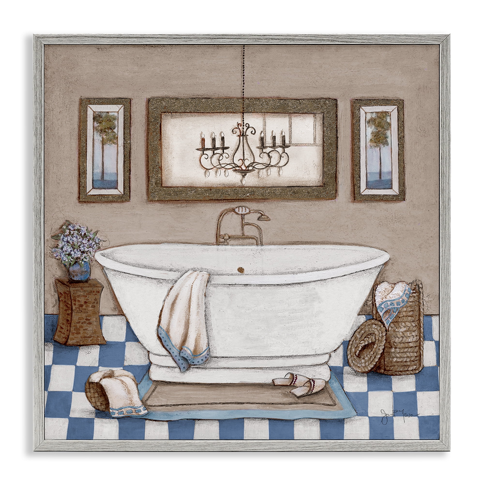 Stupell Industries Checkered Bathroom & Chandelier Gray Framed Giclee Art, design by Janet Tava