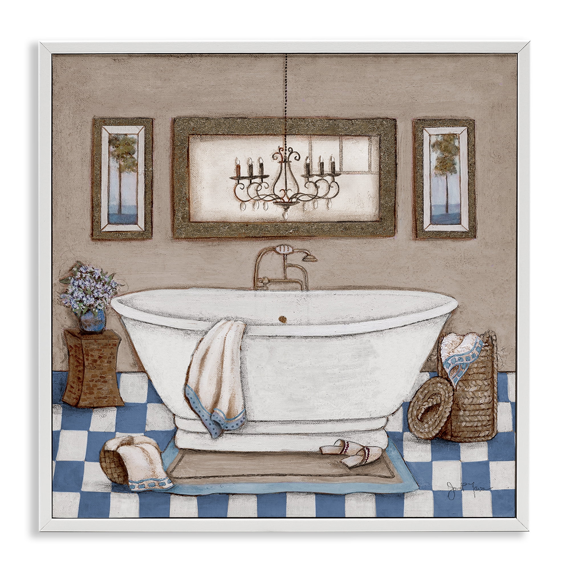 Stupell Industries Checkered Bathroom & Chandelier White Framed Giclee Art, design by Janet Tava
