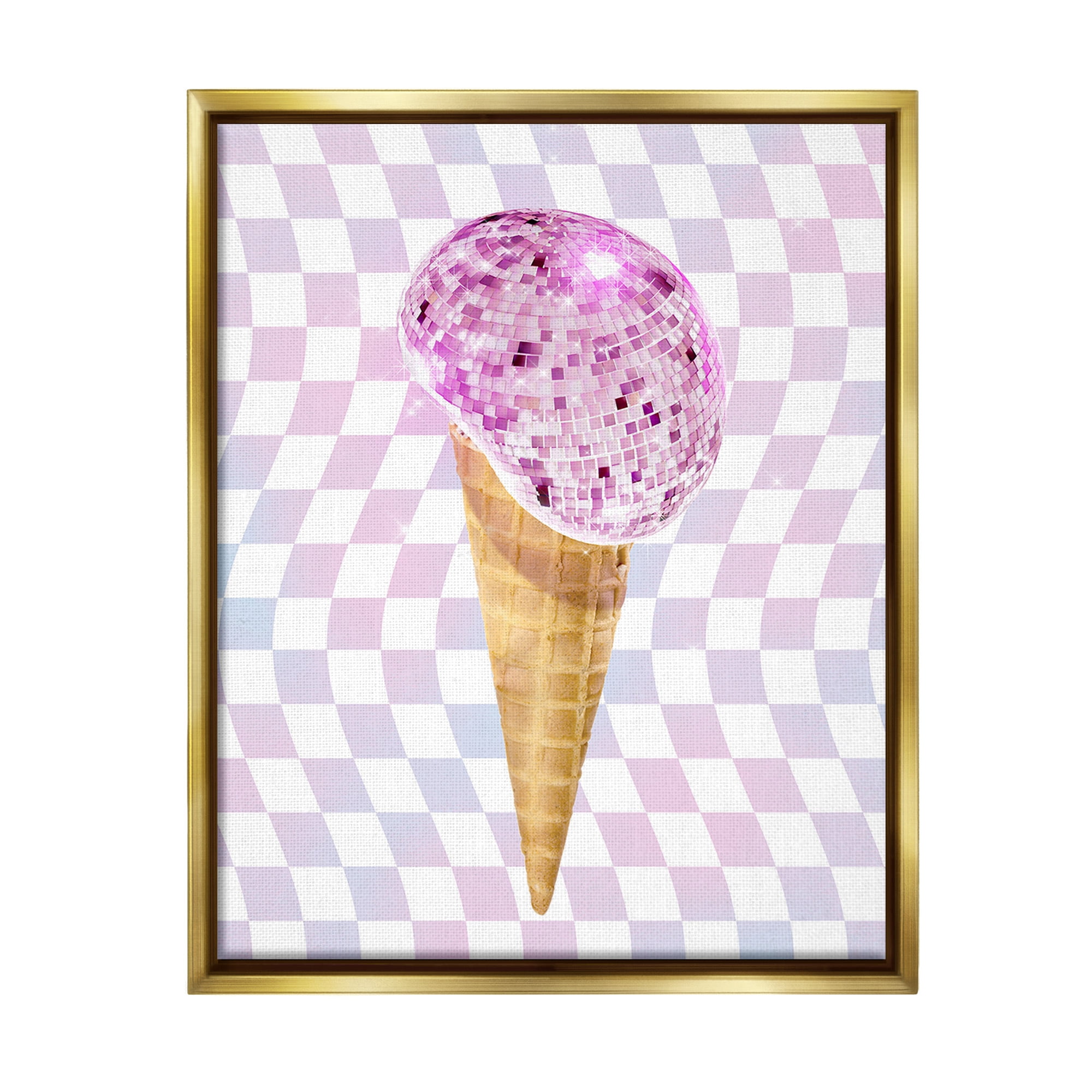 Stupell Industries Checkered Disco Ice Cream Food & Beverage Painting Gold Floater Framed Canvas Art Print Wall Art, 17 x 21