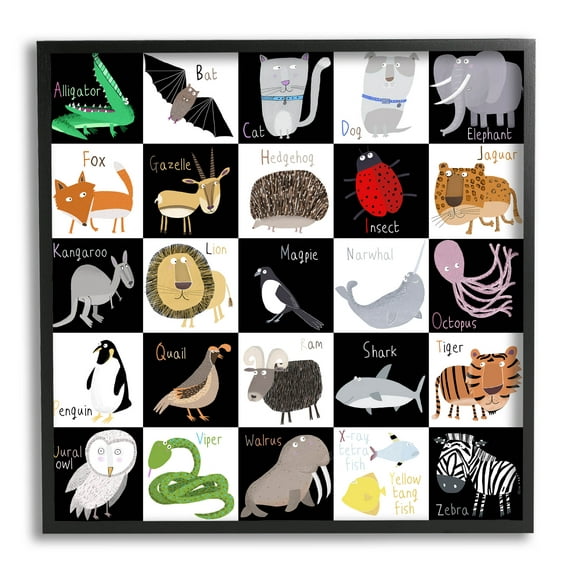 Stupell Industries Checkered Educational Animal ABC Graphic Art Black Framed Art Print Wall Art, Design by Carla Daly