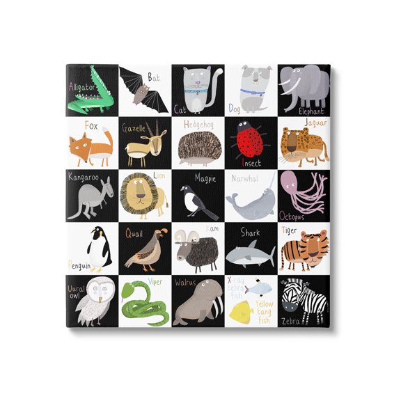 Stupell Industries Checkered Educational Animal ABC Graphic Art Gallery Wrapped Canvas Print Wall Art, Design by Carla Daly
