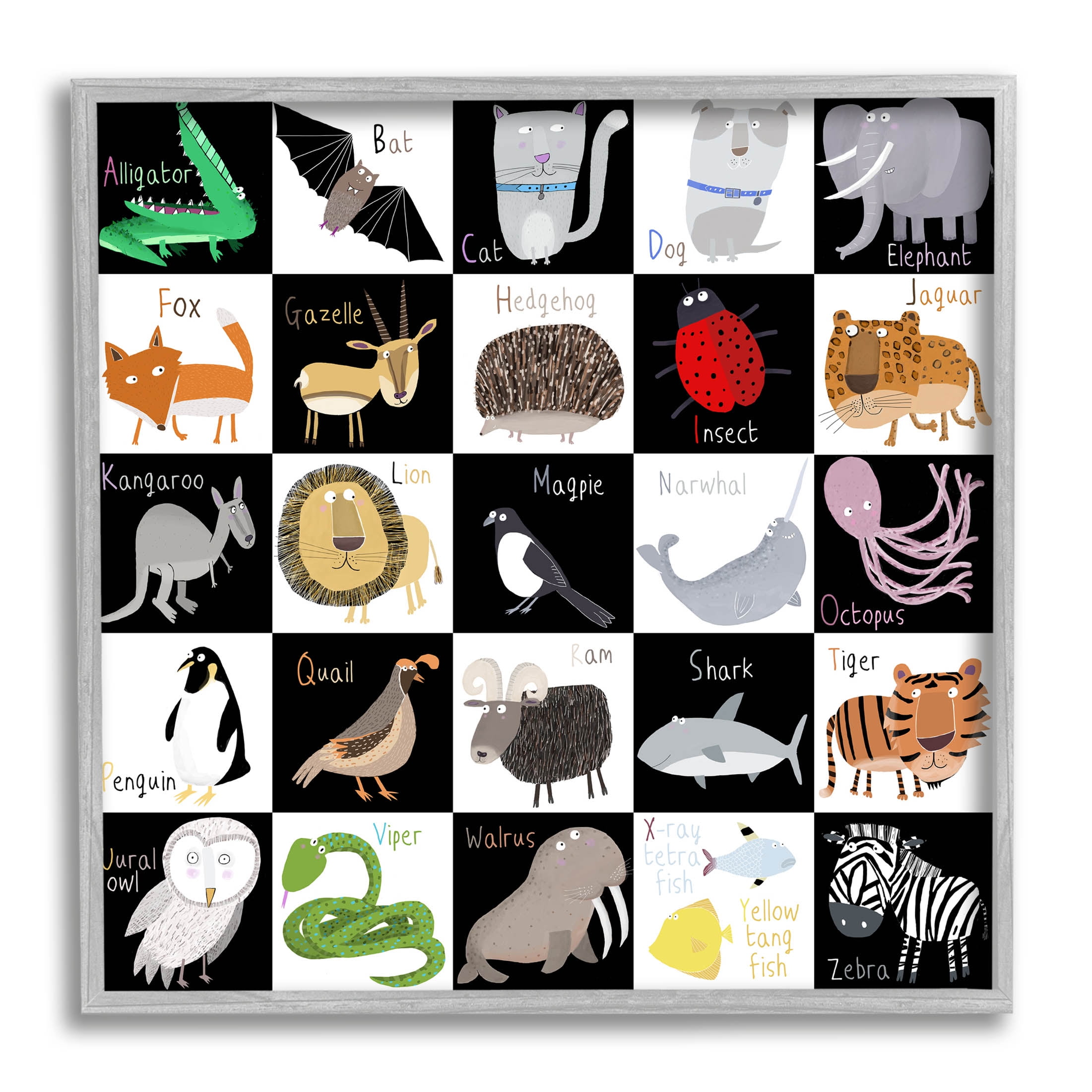Stupell Industries Checkered Educational Animal ABC Graphic Art Gray Framed Art Print Wall Art, Design by Carla Daly