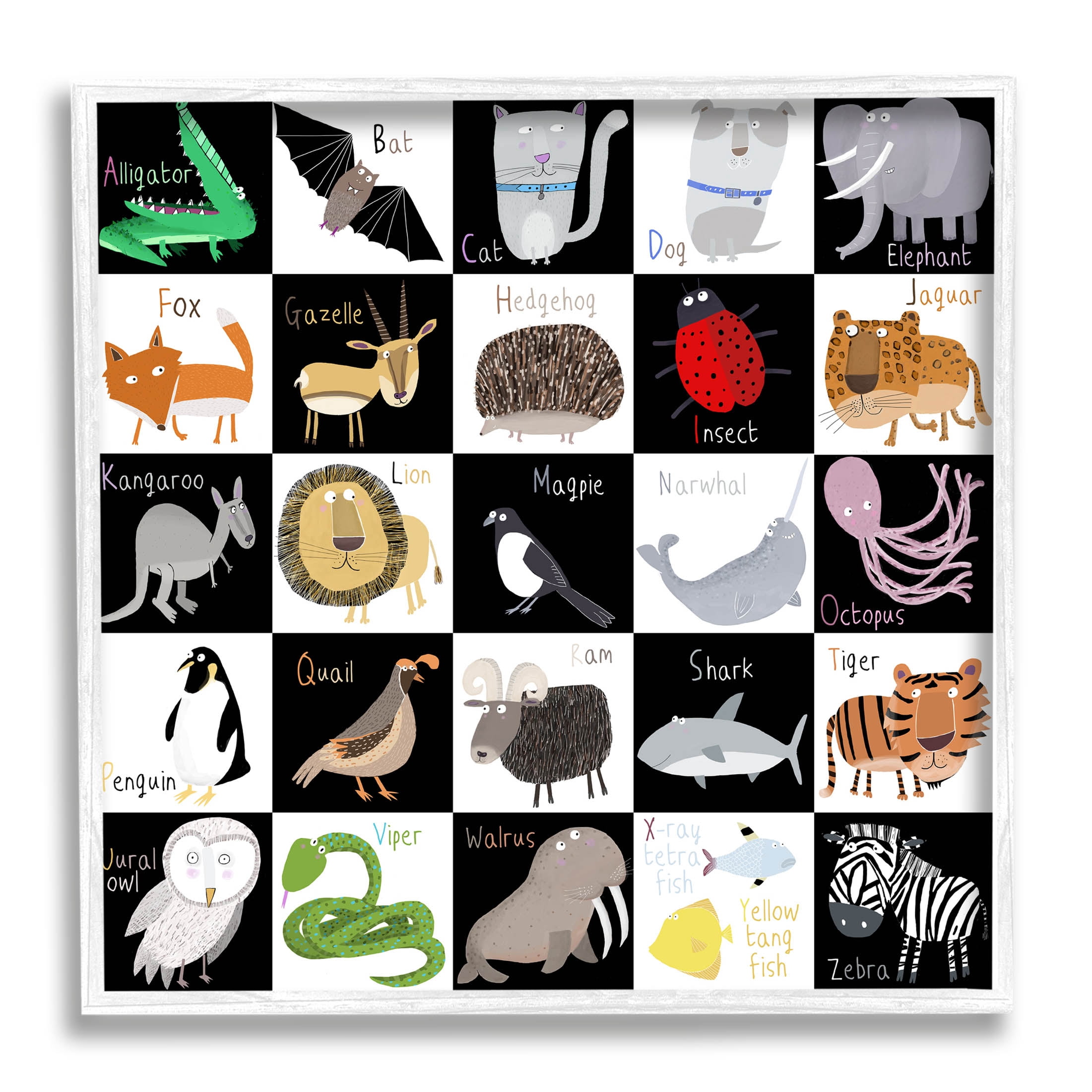 Stupell Industries Checkered Educational Animal ABC Graphic Art White Framed Art Print Wall Art, Design by Carla Daly