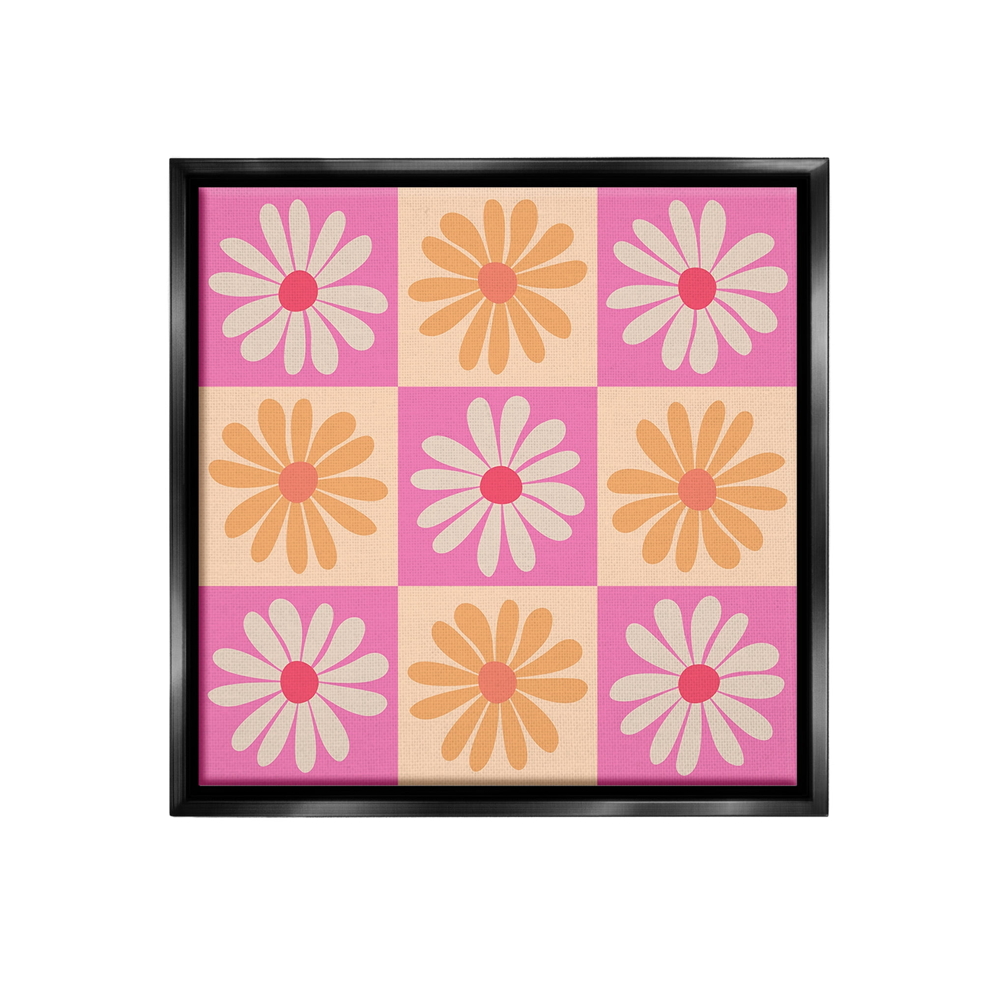 Stupell Industries Checkered Flower Pattern Botanical & Floral Painting Black Floater Framed Canvas Art Print Wall Art, 25 x 25