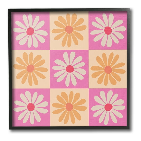 Stupell Industries Checkered Flower Pattern Botanical & Floral Painting Black Framed Art Print Wall Art, 12 x 12