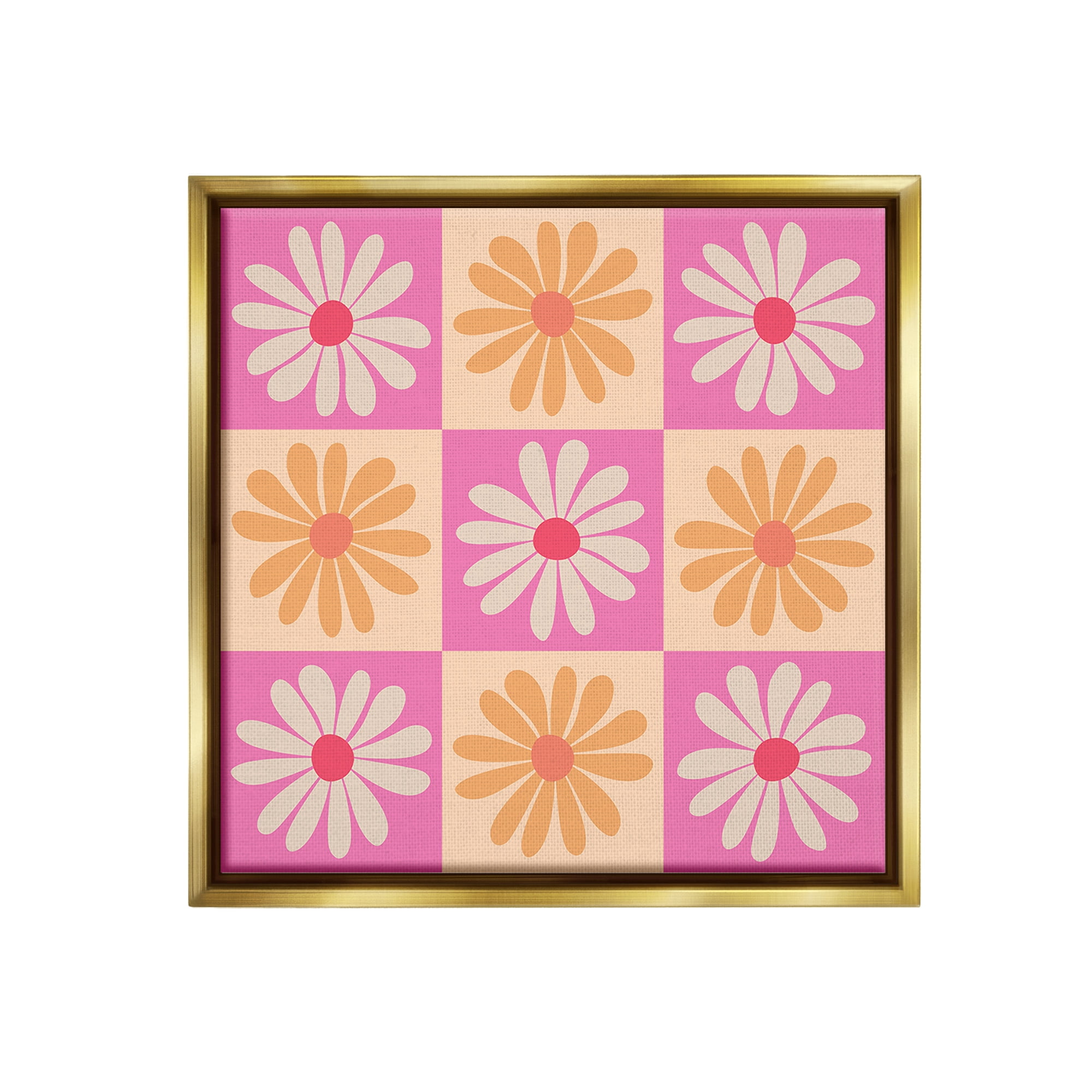 Stupell Industries Checkered Flower Pattern Botanical & Floral Painting Gold Floater Framed Canvas Art Print Wall Art, 18 x 18