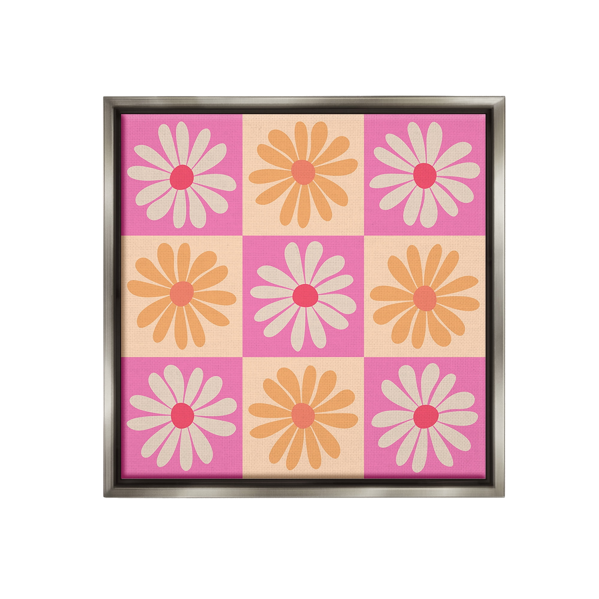 Stupell Industries Checkered Flower Pattern Botanical & Floral Painting Gray Floater Framed Canvas Art Print Wall Art, 18 x 18
