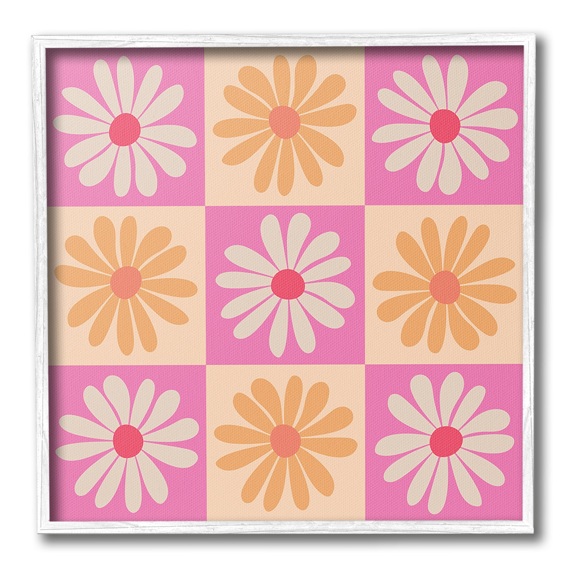 Stupell Industries Checkered Flower Pattern Botanical & Floral Painting White Framed Art Print Wall Art, 17 x 17
