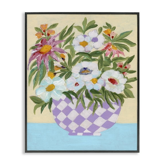 Stupell Industries Checkered Flower Pot Plants & Flowers Painting Black Framed Art Print Wall Art, 11 x 14