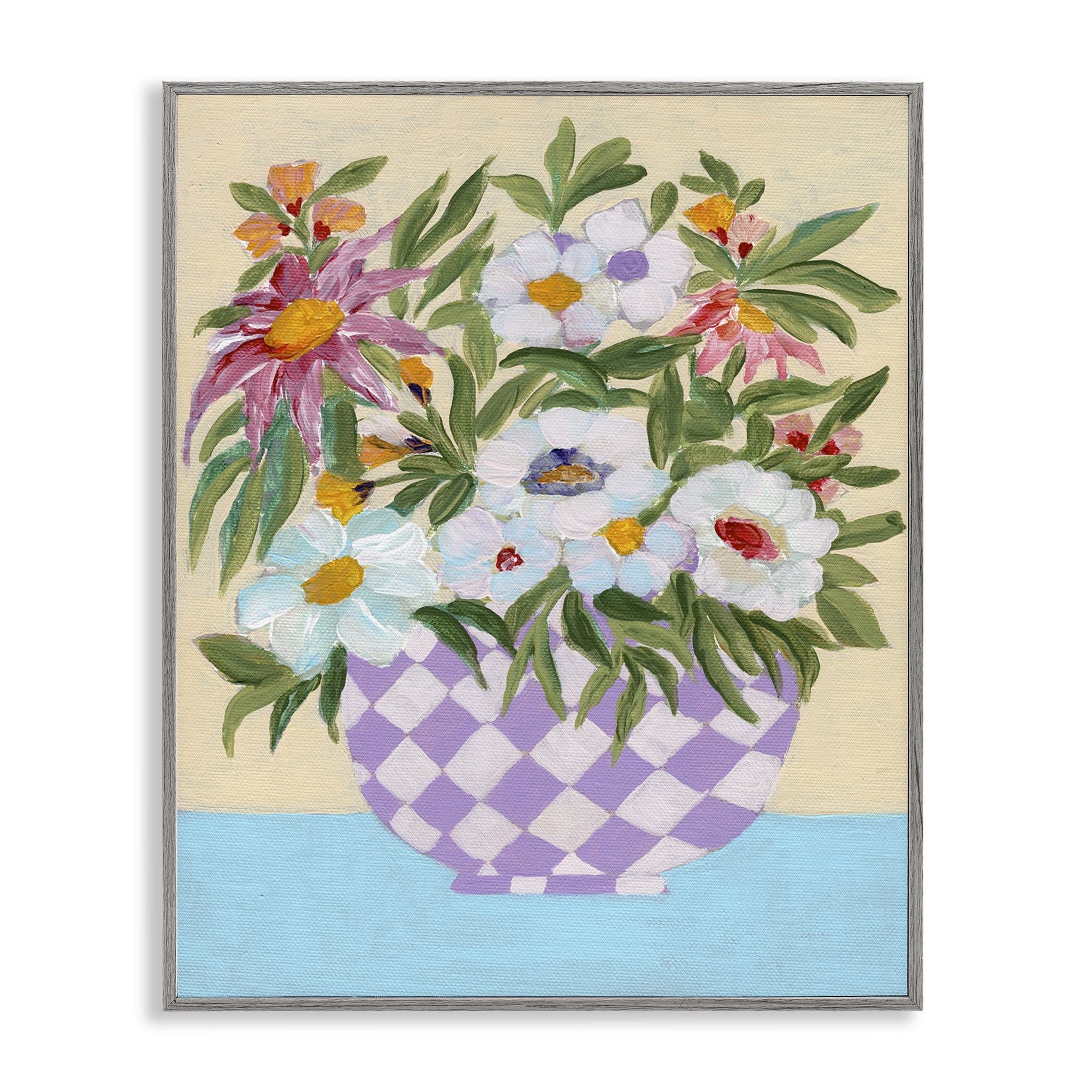 Stupell Industries Checkered Flower Pot Plants & Flowers Painting Gray Framed Art Print Wall Art, 24 x 30